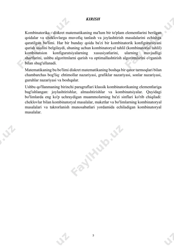 to‘plamlami turli usullar bilan tartiblash masalalari qaraladi. to‘plam yoki kortej elementlarining berilgan xossaga ega konfiguratsiyasi bor yoki yo‘qligini tekshirish, bor bo‘lsa, ulami tuzish va sonini topish usullarini o‘rganish hamda bu usullarni biror parametr bo‘yicha takomillashtirish kombinatorikaning asosiy masalalari hisoblanadi. kombinatorikaning ba’zi elementlari eramizdan oldingi ii asrda hindistonliklarga ma’lum edi. ular hozirgi vaqtda gruppalashlar deb ataluvchi kombinatorik tushunchadan foydalanishgan. eramizning xii asrida bxaskara acharya1 o'zining ilmiy tadqiqotlarida gruppalash va o‘rin almashtirishlarni qoilagan. tarixiy ma’lumotlarga ko‘ra, hindistonlik blez paskal olimlar kombinatorika clementlaridan, jumladan, birlashmalardan foydalanib, she’riy asarlar tarkibiy tuzilishining mukammalligini tahlil qilishga uringanlar. 0 ‘rta osiyo va g‘arbiy yevropada yashab ijod qilgan olimlaming kombinatorikaga oid ishlari haqida ushbu bobning 3- paragrafida ma’lumot keltirilgan. umuman olganda, kombinatorikaning dastlabki rivoji qimor o‘yinlarini tahlil qilish bilan bog‘liq. ba’zi atoqli matematiklar, masalan, b.paskal, yakob bernulli, l. eyler, p. l. chebishev turli o‘yinlarda (tanga tashlash, soqqa tashlash, qarta o‘yinlari va shu kabilarda) ilmiyjihatdan asoslangan qaror qabul qilishda …