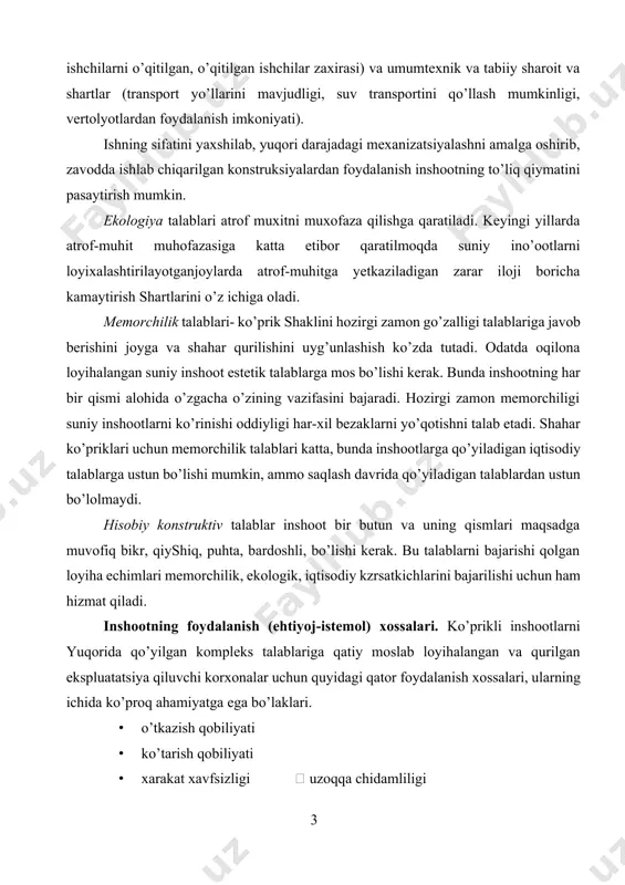 (ehtiyoj-istemol) xossalari. ko’prikli inshootlarni yuqorida qo’yilgan kompleks talablariga qatiy moslab loyihalangan va qurilgan ekspluatatsiya qiluvchi korxonalar uchun quyidagi qator foydalanish xossalari, ularning ichida ko’proq ahamiyatga ega bo’laklari. · o’tkazish qobiliyati · ko’tarish qobiliyati · xarakat xavfsizligi  uzoqqa chidamliligi o’tkazish qobiliyati – ko’prikli inshootlarning eng katta mumkin bo’lgan transport xarakat jadalligi bilan xarakterlanadi., shuning bilan birgalikda uning tagidan o’tadigan kemalarni eng ko’p o’tkazish qobiliyati, muz oqimlari, suv o’tkazish qobiliyati, transport o’tkazish ko’ndalang yo’nalishda (yo’l o’tkazgichlar uchun) va komunikatsiyalarni o’tkazishi. u ishlash vaqtidagi talabni bajarilishi va saqlab qolinishi taminlash, o’tish gabaritini normada bo’lishi va ko’prik osti gabariti, ko’prik va quvurlar tuynugini xisoblash orqali taeminlanadi. yuk ko’tarish qobiliyati – malum ko’rinish vaqtinchalik qo’zg’aluvchi eng katta yuklarni (misol uchun avtomobillar yoki bir tekis tarqalgan teleshkalar yuklar tasiridan ko’prikning ularni ko’tarish qismiga tasiri havfsiz bo’lishi kerak, chunki predel oxirgi xolat uchun hisoblangan. ekspluatatsiya qilinayotgan ko’priklar uchun yuk ko’tarish qobiliyati malum ko’rinishdagi transport vositalari to’plamidan …
