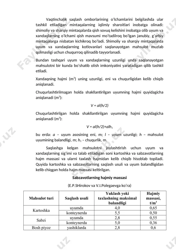 8 0,6 poddonda 5,0 0,38 karam uyumda 2,8 0,40 konteynerda 5,5 0,30 uyum va xandaqlarning yakuniy o‘lchamlariga tuzatishlar iqlimiy sharoitlar va uyum taxlamini shamollatishning solishtirma yuzasidan k kelib chiqib mahsulot sifatidan foydalangan holda kiritiladi. taxlamni shamollatish yuzasi k mahsulot taxlami sirtining shamollatish maydonini p uyum hajmiga v (m3) nisbati bilan ifodalanadi. k = psovutish/v uyum va xandaqlarda saqlashda uyumdagi mahsulotning namligi va issiqligini atrof muhitga samarali tarqalishi uchun uyumning shamollatish yuzasini solishtirma maydoni kartoshka va lavlagi uchun 2,8 dan, karam uchun 3,8, sabzi va sholg’om uchun 6,5 dan kam bo‘lmasligi lozim. uyumning shamollatish yuzasini solishtirma maydoni uyum va xandaqlarning chuqurlik darajasiga bog’liq, kotlovan chuqurligi qanchalik katta bo‘lsa bu ko‘rsatkich shuncha kichik bo‘lib, uyulgan mahsulotdan issiqlik sekinlik bilan tarqaladi. uyum va xandaqlarda saqlanadigan mahsulot uyumini yopishning taxminiy qalinligi quyidagi jadvalda keltirilgan. uyum va xandaq uyumini yopishda qatlam qalinligi (e.p.shirokov va v.i.polegaevga ko‘ra) qutb yo‘nalishlari uyum qirrasi uyum asosi somon tuproq somon …
