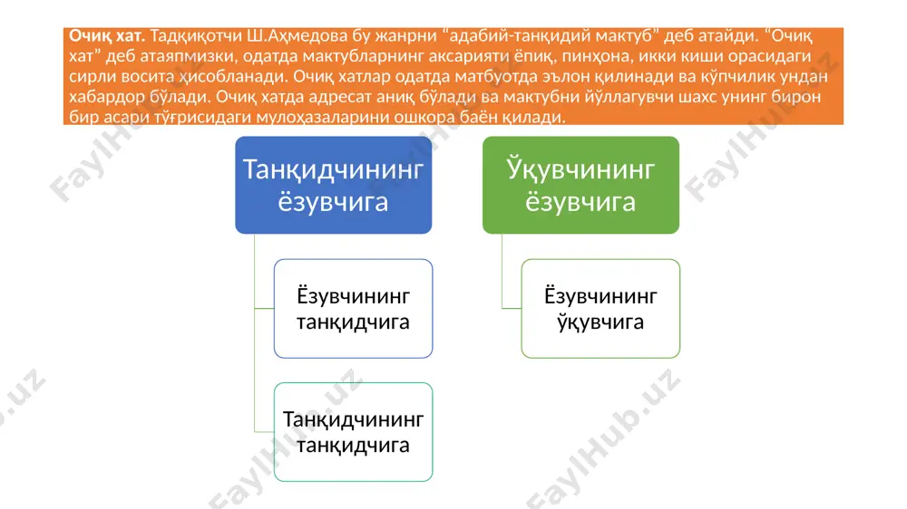 ўъжиза”, а.мухторнинг “ёш дўстларимга”, а.ориповнинг “эҳтиёж фарзанди” сўзбоши ёки сўнгги сўз. мумтоз адабиётимизда “дебоча”, “муқаддима” деб ҳам юритилади. одатда, бундай дебочаларни девон тайёрлаётган ижодкорнинг ўзи ёзган а.навоий “хазойин ул-маоний”га, огаҳий “таьвиз ул-ошиқин” й.солижоновнинг “ўзас” газетаси 2006 йил 3 март сонида тазкира (зикр этиш, қайд қилиш, тилга олиш) - мумтоз адабиётшунослигимизда кенг тарқалган жанр. тазкирада тилга олинган ижодкорнинг ҳаёти ва ижоди ҳақида мухтасар маьлумотлар берилади, асарларидан намуналар келтирилади ва ижодига умумий баҳо берилади. адабиёт тарихида фақат шоирлар ҳақида эмас, балки олимлар, авлиёлар ҳақида ҳам тазкиралар яратилган. муҳаммад авфий бухорийнинг “лубоб ул лубоб” (“билимлар мағзи”, а.навоийнинг “мажолис ун нафоис”, “насойим ул-муҳаббат” давлатшоҳ самарқандийнинг “тазкират уш-шуаро” малеҳо самарқандийнинг “музаккир ул-асҳоб” фазлий-намангонийнинг “мажмуаи шоирон”, аҳмад табибийнинг “мажмуаи шоирон” пўлатхон қаюмовнинг “тазкираи қайюмий” с.мирвалиевнинг “ўзбек адиблари” й.солижоновнинг “фарғона адиблари” /docprops/thumbnail.jpeg