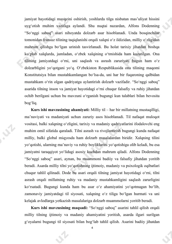 boq” asari va undagi milliy til ahamiyatining badiiy ifodasi. kurs ishi mavzusining predmeti: asarda milliy til, vatanparvarlik, tarixiy voqelik va ma’naviy meros o‘rtasidagi bog‘liqlik. ushbu kurs ishi mavzusining tarkibiy tuzilishi: kurs ishi kirish qismi, unda tilga bo’lgan e’tibor biroz yoritib berilgan. ikkita asosiy bob, birinchi bobda asosan shoirning hayoti, ijodi hamda bu asarning yaratilishi haqida so‘z borgan. ikkinchi bobda esa asarning syujeti, undagi g‘oyalar, obrozlar va nilliy tilning ahamiyati haqida so‘z boradi. xulosa qismiga keladigan bo‘lsak tilning yo‘qotilishi qanchalar og‘ir ekanligi aytib o‘tilgan. va kurs ishi oxirida foydalanilgan adabiyotlar va electron manbalardan iborat. i bob. alfons dode va uning ijodiy merosi 1.1. alfons dodenning hayoti, adabiy faoliyat davri alfons dode (1840–1897) – fransuz adabiyotining yirik vakillaridan biri bo‘lib, uning ijodi xix asrning ikkinchi yarmida fransuz adabiyotining rivojlanishiga katta ta’sir ko‘rsatgan. alfons dode 1840-yil 13-mayda fransiyaning janubidagi nim shahrida tug‘ulgan. u o‘zining yoshligida iqtisodiy va ijtimoiy qiyinchiliklarga duch kelgan va bu …