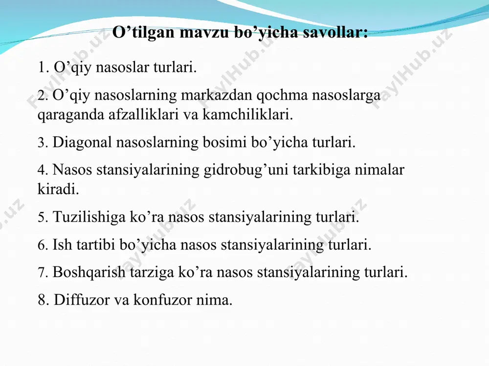 da, nasosga berilgan energiya nasosdan olingan energiyaga nisbatan ko‘p bo‘lib, ularning farqi energiyaning yo‘qotilishini ko‘rsatadi. bu yo‘qotish uch xil yo‘qotishdan tarkib topadi: -mexanik yo‘qotish; -hajmiy yo‘qotish; -gidravlik yo‘qotish. mexanik yo'qotish valga berilgan energiya bilan ish g‘ildiragi kuraklarining suyuqlikka bergan energiyasining farqini bildiradi. agar valga berilgan energiyani e deb belgilasak, u holda quyidagi nisbat nasosda energiyaning yo‘qotilishi. nasosning foydali ish koeffisienti mexanik yo‘qotishni baholovchi, mexanik foydali ish koeffisienti deyiladi. mexanik yo‘qotishning asosiy turlari podshipnik va sal’nikda ishqalanish kuchini yengish uchun sarf bo’lgan yo‘qotishdan iborat. podshipnikdagi dumalash ishqalanishini gidrodinamik moylash nazariyasidagi petrov formulasi yordamida topish mumkin: hajmiy yo'qotish nasos so‘rayotgan suyuqlikka sarflangan energiya bilan nasosdan chiqayotgan suyuqlik energiyasining farqini bildiradi. hajmiy yo‘qotishi chiqarilayotgan suyuqlik miqdorining so‘rilayotgan suyuqlik miqdoriga nisbatini ko‘rsatuvchi hajmiy fik bilan baholanadi: so‘rilayotgan va chiqarilayotgan suyuqlik miqdorlarining farqi nasos korpusidan chiqib ketuvchi yoki ish diski atrofida aylanuvchi suyuqlik miqdoriga teng. agar tiqilma qattiq zichlansa, salnik qizib ketishi, bo‘sh bo’lsa suyuqlik …