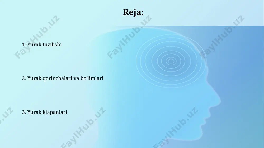 orinchalarining chap qorinchasi o'ng qorinchasiga nisbatan ancha qalinroq devorga ega bo'lib, taxminan 2-3 baravar qalinligi bilan ajralib turadi, bu esa yuqori qon bosimining qon aylanish tizimiga kuchliroq tashlanishi bilan bog'liq. yurak klapanlari yurak qopqog'i to'rtta bo'lib, ikkita atrioventrikulyar (mitral va trikuspidal) va ikkita yarim oysimon (aorta va pulmoner) qopqoqlardan iborat bo'lib, qonning bir yo'nalishda oqishini ta'minlaydi. aorta va pulmoner qopqoqlarning har biri uchta yarim oysimon qanotchaga ega bo'lib, ular qonning qorinchalardan arteriyalarga oqib chiqishini nazorat qiladi va teskari oqimga yo'l qo'ymaydi. yurak tuzilishi yurak devori uchta qatlamdan: endokard, miokard va epikarddan iborat bo'lib, miokard yurakning asosiy ishchi mushagi hisoblanadi va uning qalinligi turli xonalarda farq qiladi. yurak to'rtta bo'limga: ikkita qo'l va ikkita qorinchaga bo'lingan bo'lib, ular o'rtasida ikkita klapan (mitral va trikuspidal) va ikkita yarim oysimon klapan (aorta va pulmoner) joylashgan. e'tiboringiz uchun rahmat @taqdimot_robot image2.jpg image3.jpg image4.jpg image5.jpg image6.jpg image7.jpg image8.jpg image1.png