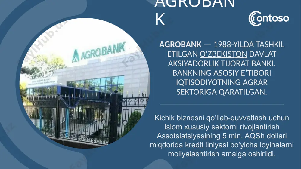 „visa international“ xalqaro toʻlov tizimiga prinsipal aʼzolikka oʻtish boʻyicha qator ishlar amalga oshirildi. protsesning markazini tashkil etish bilan bir qatorda chipli plastik kartalarni emissiya qilish yoʻlga qoʻyildi. bank kichik biznesni rivojlantirish maqsadida kfv, yttb, otb va xitoy xalq respublikasining eksimbanki, xalqaro taraqqiyot va tiklanish bankining (xttb) kredit yoʻnalishlarini jalb etgan 6 agrobankning xalqaro operatsiyalari xorijdagi va respublika ichidagi 23 ta bankdagi vakillik hisob raqamlari orqali amalga oshiriladi. shuningdek, agrobank swift jahon banklararo moliyaviy telekommunikatsiyalar hamjamiyatiga aʼzodir. agrobank osiyo tinch okeani qishloq va qishloq xoʻjaligini kreditlash assotsiatsiyasi (apraka) hamda qishloq xoʻjaligi krediti xalqaro konfederatsiyasi (kika)ning teng huquqli aʼzosi hisoblanadi. раздел 01 раздел 02 6 tarix 1988-yil — bank 1988-yil 1-yanvarda oʻzssr davlat banki asosida sssr agroprombankining boʻlinmasi sifatida oʻzssr agroprombank nomi bilan va respublikada 155 filiali bilan tashkil etilgan. 1990-yil — 18.07.1990-yildagi sssr vazirlar maxkamasining № 703 sonli qaroriga asosan agroprombank sssr tizimidan ajralib chiqqan xolda mustaqil yopiq aksionerlik jamiyati sifatida …