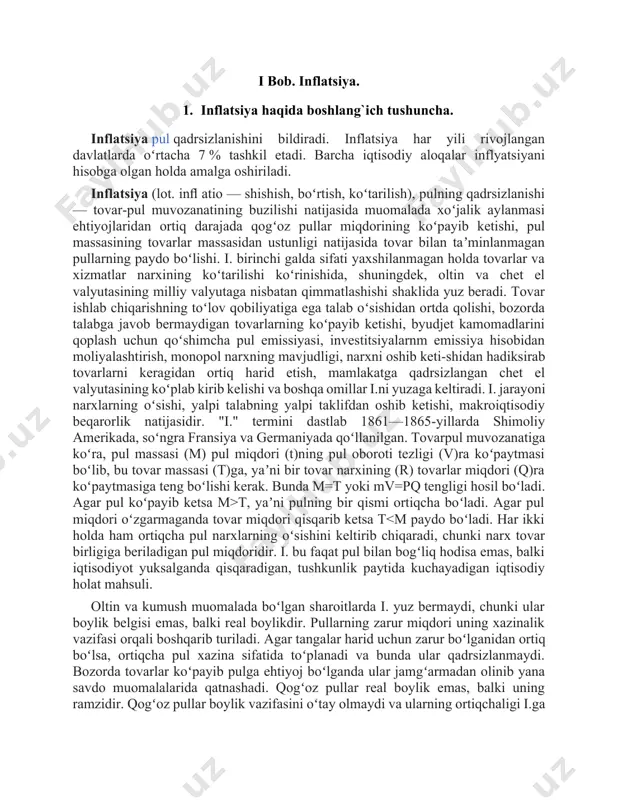 r narxining oʻsishi degan maʼnoni anglatadi. inflatsiya atamasi, koʻproq pulga talabning ortishiga taʼluqlidir, shunga qaramay, inflatsiya haqiqiy harid qilish qiymatini kuchsizlantirib tanozzulga ham olib keladi. umumiy narh darajasi ortganda, har bir valyuta tovar va hizmat koʻrsatishga ega boʻlishi kamayib boradi. harh-navo inflyatsiysi inflatsiya sur’ati bilan oʻlchanadi, yani narh indeksining foizi oʻzgaradi, xuddi isteʼmol narhi indeksi kabi. inflatsiya iqtisodni shubhasiz inqirozga olib keladi. masalan, inflatsiya beqarorligi kelejakda investitsiya va jamgʻarmalarni esankiratib qoʻyishi mumkin. inflatsiya darajasi yildan yilga farq qiladi. 1950-yildan byuon, aqsh dollari inflatsiyasi darajasi −0.7 % (1954) dan 13.3 % (1979) ga oʻzgarib turadi. 1991-yildan buyon, bu koʻrsatkich yiliga 1.6 % va 3.3 % oʻrtasida boʻlgan. 1950-yildan buyon 18 ta davlat giperiflyatsiyaga uchradi. bunda inflatsiya darajasi oyiga 50 % edi. yaqin yillarda yaponiya negativ inflayatsiyani boshidan kechirdi, yaʼni yiliga 1 % deflyatsiyani. koʻpgina davlat markaziy banklari inflatsiya darajasini past ammo pozitive holda ushlab turishga harakat qilmoqda. bazilari bu koʻrsatkichni 1-3 …