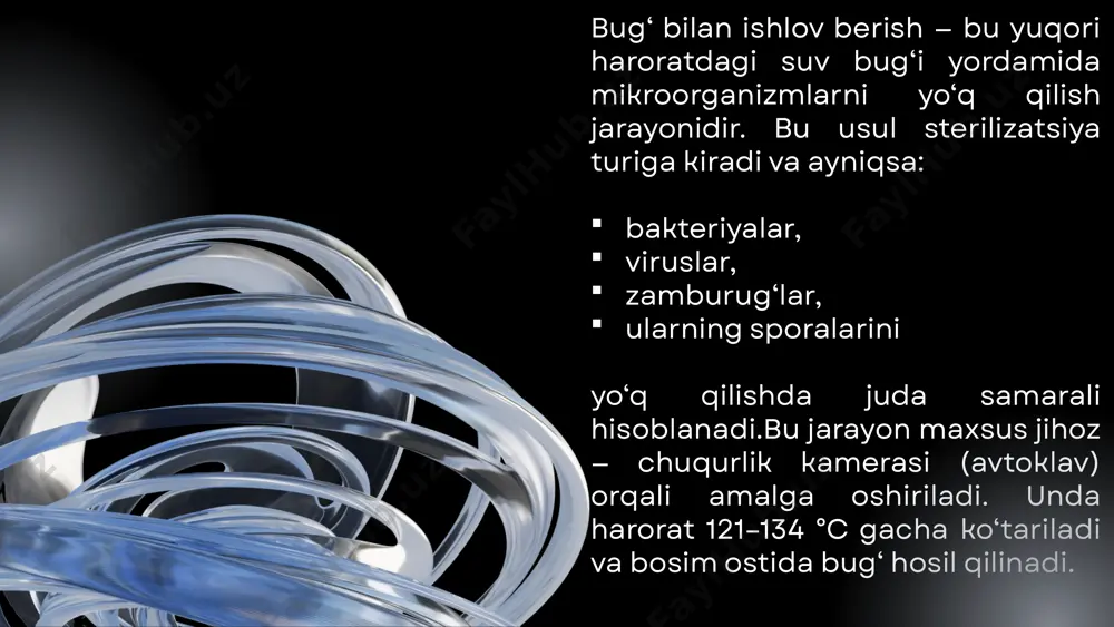 stida bo‘lishi zarur. 121°c haroratga erishish uchun bosim taxminan 1.1 atm, 134°c harorat uchun esa 2.2 atm atrofida bo‘ladi. bu bosim – atmosfera bosimiga qo‘shimcha bosimdir (ya’ni umumiy bosim 2.1–3.2 atm atrofida bo‘ladi). harorat (°c): bosim (atm) to‘yingan bug‘ holati vaqt (daqiqa) bug‘ bilan ishlov berish rejimi vaqt (daqiqa): harorat va bosim bilan birga sterilizatsiya vaqti ham muhim: 121°c da – 15 dan 30 daqiqagacha 134°c da – 3 dan 5 daqiqagacha bu vaqt davomida bug‘ to‘liq mikroorganizmlarning hujayra tuzilmasini buzadi va sporalarni yo‘q qiladi. harorat (°c): bosim (atm) to‘yingan bug‘ holati vaqt (daqiqa) bug‘ bilan ishlov berish rejimi to‘yingan bug‘ holati: to‘yingan bug‘ — bu suving harorati va bosim ostida maksimal bug‘lanishi natijasida hosil bo‘lgan bug‘ bo‘lib, unda havo deyarli yo‘q. aynan to‘yingan bug‘ mikroorganizmlarga eng kuchli ta’sir qiladi, chunki u: yuqori energiya tashuvchisi hisoblanadi; buyum sirtiga tez va teng taqsimlanadi; mikroblarning ichki tuzilishini termik yo‘l bilan buzadi. kamera …