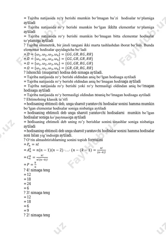 merning oxirgi ikkita raqamini eslay olmadi. kerakli nomerni topish uchun u ko’pi bilan nechta variantni terib ko’rishi kerak. = 24 = 30 = 100 = 200 ? abonent, telefon nomerini terayotib nomerning oxirgi ikkita raqamini eslay olmadi va bu raqamlar turli ekanligini bilgani holda ularni tavakkaliga terdi. kerakli nomerni topish uchun u ko’pi bilan nechta variantni terib ko’rishi kerak. = 90 = 100 = 80 = 9 ? abonent, telefon nomerini terayotib nomerning oxirgi ikkita raqamini eslay olmadi va bu raqamlar turli ekanligini bilgani holda ularni tavakkaliga terdi. kerakli raqamlar terilgan bo’lish ehtimolini toping. = 1/90 = 1/18 = 1/100 = 2/20 ? a hodisaning ro’y berish ehtimoli 0,6 ga, ro’y bermaslik ehtimoli topilsin. = 0,8 = 0,4 = 0,9 = 0,6 ? a hodisaning ro’y berish ehtimoli 0,7 ga, ro’y bermaslik ehtimoli topilsin. = 0,8 = 0,3 = 0,7 = 0,6 ? a hodisaning ro’y berish ehtimoli 0,4 ga, …