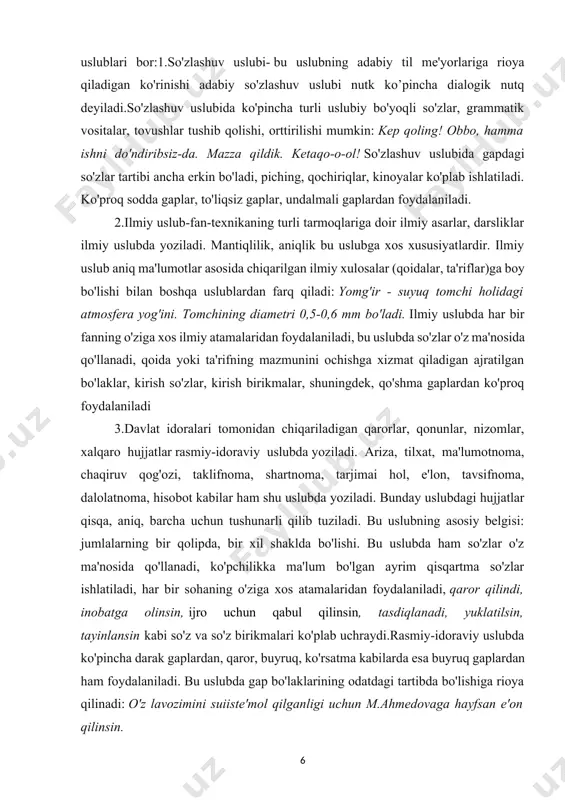 adi, qoida yoki ta'rifning mazmunini ochishga xizmat qiladigan ajratilgan bo'laklar, kirish so'zlar, kirish birikmalar, shuningdek, qo'shma gaplardan ko'proq foydalaniladi 3.davlat idoralari tomonidan chiqariladigan qarorlar, qonunlar, nizomlar, xalqaro hujjatlar rasmiy-idoraviy uslubda yoziladi. ariza, tilxat, ma'lumotnoma, chaqiruv qog'ozi, taklifnoma, shartnoma, tarjimai hol, e'lon, tavsifnoma, dalolatnoma, hisobot kabilar ham shu uslubda yoziladi. bunday uslubdagi hujjatlar qisqa, aniq, barcha uchun tushunarli qilib tuziladi. bu uslubning asosiy belgisi: jumlalarning bir qolipda, bir xil shaklda bo'lishi. bu uslubda ham so'zlar o'z ma'nosida qo'llanadi, ko'pchilikka ma'lum bo'lgan ayrim qisqartma so'zlar ishlatiladi, har bir sohaning o'ziga xos atamalaridan foydalaniladi, qaror qilindi, inobatga olinsin, ijro uchun qabul qilinsin, tasdiqlanadi, yuklatilsin, tayinlansin kabi so'z va so'z birikmalari ko'plab uchraydi.rasmiy-idoraviy uslubda ko'pincha darak gaplardan, qaror, buyruq, ko'rsatma kabilarda esa buyruq gaplardan ham foydalaniladi. bu uslubda gap bo'laklarining odatdagi tartibda bo'lishiga rioya qilinadi: o'z lavozimini suiiste'mol qilganligi uchun m.ahmedovaga hayfsan e'on qilinsin. 4.tashviqot-targ'ibot ishlarni olib borishda qo'llanadigan uslub, ya'ni matbuot uslubi ommabop …