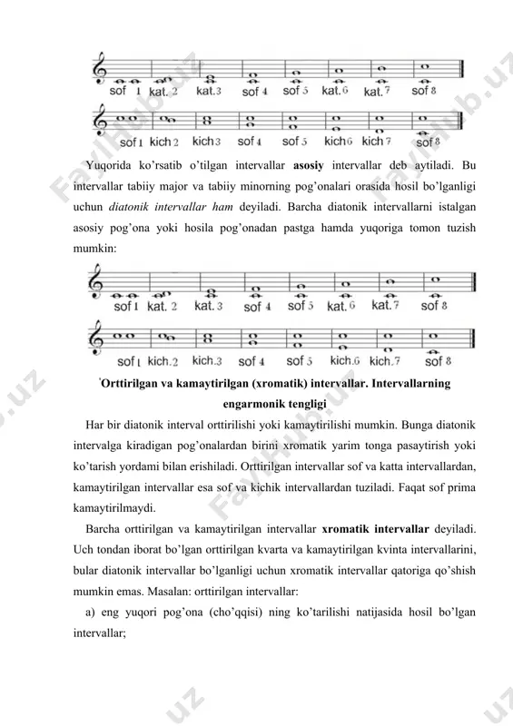 i intervallar musiqa amaliyotida oddiy intervallardan tashqari, oralig’i oktavadan keng bo’lgan intervallar ham qo’llaniladi. oralig’i bir oktavadan keng bo’lgan intervallarga tarkibli intervallar xe "таркибли интерваллар" \b deyiladi. tarkibli intervallar oddiy intervallarni oktavaga qo’shish yo’li bilan hosil bo’ladi. har bir tarkibli interval uning tarkibidagi pog’onalar soniga qarab quyidagi mustaqil nomlar bilan ataladi: 1. nona – 9, oktava orqali tuzilgan sekunda; 2. detsima – 10, oktava orqali tuzilgan tertsiya; undetsima -11, oktava orqali tuzilgan kvarta; 3. duodetsima – 12, oktava orqali tuzilgan kvinta; 4. tertsdetsima – 13, oktava orqali tuzilgan seksta; 5. кvartdetsima – 14, oktava orqali tuzilgan septima; 6. кvintdetsima -15, oktava orqali tuzilgan oktava. 9 10 11 12 13 14 15 tarkibli intervallarning sifat miqdorini belgilash uchun oddiy intervallarda ishlatiladigan sof, katta, kichik, orttirilgan, kamaytirilgan kabi iboralar qo’llaniladi. tarkibli intervallar aylanganda, undagi tovushlarning ko’chishi 2 xil tarzda amalga oshadi. birinchidan, tarkibli interval tovushlaridan birortasining, masalan, pastki tovushining yuqoriga yoki yuqorigi …
