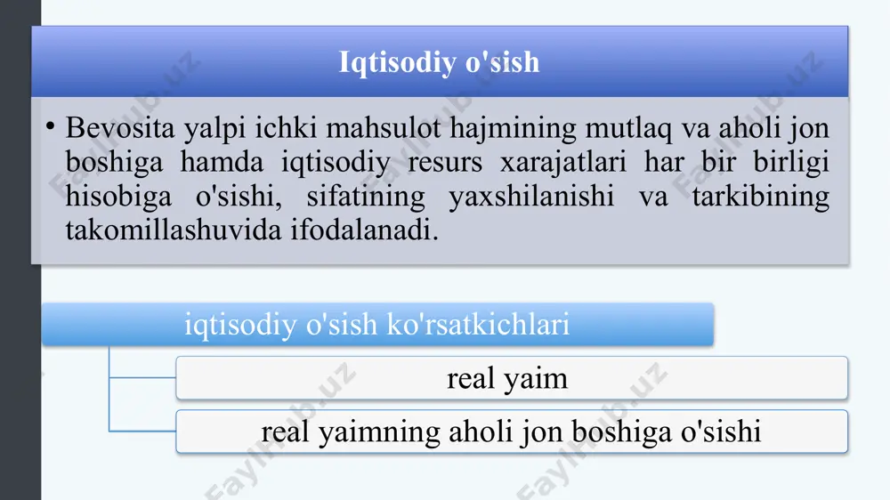 iyalami asosan ikki yo‘nalishga ajratish mumkin. birinchisi, yangi klassik nazariyalar. ulaming nazariyasi bo‘yicha iqtisodiyotga davlat aralashuvi juda ham cheklangan bo‘lishi kerak. m. fridman pul emissiyasini va muomaladagi pul hajmini yiliga eng kamida 3 foizga oshirib borib, talabni kuchaytirish va shu orqali iqtisodiy o‘sishni ta’minlash mum- kinligini ko‘rsatadi. iqtisodiy o‘sish nazariyasining ikkinchi yo‘nalishi j. m. keyns va keynschilar nazariyasi bo‘lib, ular barqaror iqtisodiy o‘sishning muhim omili samarali talabni rivojlantirish va uning tarkibini takomillashtirish zarurligini, buning uchun esa davlat va xususiy investitsiyalaming ishtirokini, davlatning makro darajada iqtisodiyotni tartibga solishda faol ishtirokining zarurligini ko‘rsatadi. 8 biznes siklining bosqichlari biznes sikli tasviri. muallif : sofi haci . taqdim etilgan : xyuston jamoat kolleji. litsenziya : cc by: attribution avval umushilgan cc litsenziyali mazmuni 9 vaqt o'tishi bilan real yaimni kuzatish 1-rasmda 1900 yildan beri aqsh real yaimning ko'rinishi ko'rsatilgan. yaimning umumiy uzoq muddatli o'sish yo'li muntazam ravishda qisqa muddatli pasayish bilan uzilib qolgan. haqiqiy …