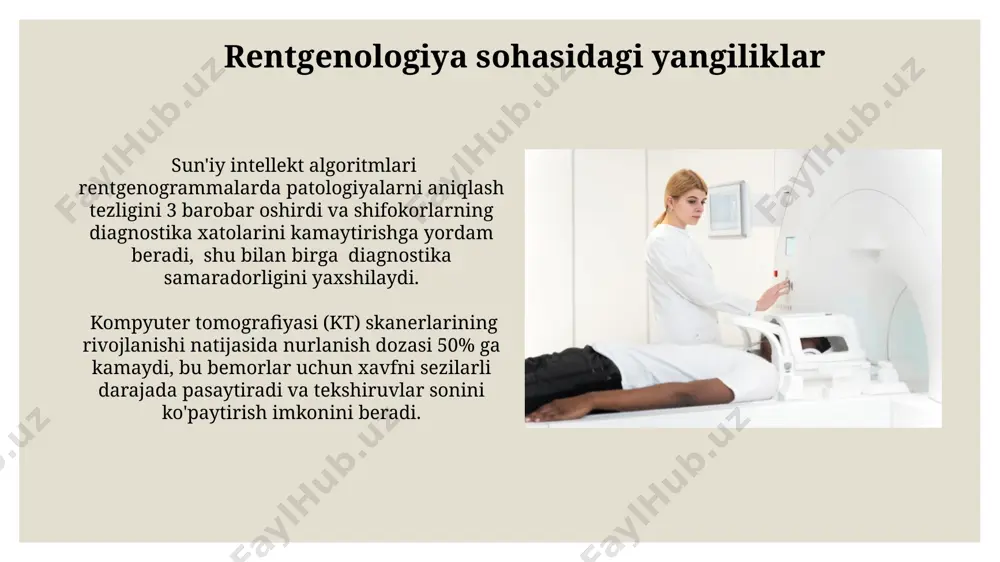 si kabi turli xil diagnostik usullarni amalga oshirish imkonini beradi, bu esa tashxisni aniqlashtirishga yordam beradi. rentgen nurlanishi yordamida 20 dan ortiq turdagi kasalliklar, jumladan, suyak singanlari, o'pka kasalliklari va o'sma turlarini aniqlash mumkin, bu esa o'z vaqtida davolanishga imkon beradi. rentgen nurlanishining tarixi 20-asrning boshlarida rentgen apparatlari soddalashtirildi va arzonlashdi, bu esa ularning keng miqyosda qo'llanilishini ta'minladi va millionga yaqin bemorlarga yordam berdi. rentgen nurlanishining kashf etilishi 1895-yilda vilgelm konrad rentgen tomonidan amalga oshirilgan bo'lib, u katod nurlarining sirli ta'siriga duch kelgan va bu yangi nurlanish turiga "x-nurlar" deb nom bergan. rentgen apparatining tuzilishi va ishlash prinsipi anodga tezlashtirilgan elektronlarning to'satdan tormozlanishi natijasida rentgen nurlari hosil bo'ladi, ularning energiyasi va to'lqin uzunligi qo'llaniladigan kuchlanishga bog'liq. rentgen naychasining oynasi alyuminiy yoki berilyumdan tayyorlanadi, bu filtrlovchi element vazifasini bajaradi va kam energiyali, teri uchun zararli nurlarni qaytaradi. e'tiboringiz uchun rahmat @taqdimot_robot image3.jpg image4.jpg image5.jpg image6.jpg image7.jpg image8.jpg image9.jpg image10.jpg image11.jpg image12.jpg …