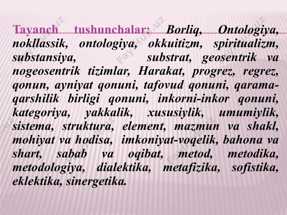 qsadga muvofiqlik, mo‘ljal bormi?» inson bunday savollarga javob berishga kirishar ekan, uning ongi avvalo o‘zi nima bilan bevosita ish ko‘rayotganini qayd etadi. buni aniq anglamasdan, u o‘zining dunyo haqidagi mulohazalarini aniq-ravshan narsalarni qayd etishdan boshlaydi. shu tariqa inson va uning ongi o‘zini qurshagan barcha narsalar avvalo mavjud bo‘lish qobiliyatiga ega ekanligiga ishonch hosil qiladi. shunday qilib, borliq masalasi insonning dunyoni oqilona anglash yo‘lidagi ilk urinishlaridayoq duch kelgan barcha masalalarning negizi hisoblanadi. muayyan narsalar mavjudligi yoki mavjud emasligi masalasi inson falsafiy mulohaza yurita boshlagani zahotiyoq uning diqqat markazidan o‘rin oldi. mifologiyaning bosh vazifasi – «borliqni kim yaratgani» haqida gapirib berishni falsafa «borliqning nimaligi, u qaerdan paydo bo‘lgani va qaerga yo‘qolishi»ni oqilona tushuntirish bilan almashtirgani tasodifiy emas. bunday tushuntirishga urinish jarayonida faylasuflar barcha zamonlarda quyidagi savollarga javob topish zaruriyati bilan to‘qnash kelganlar: falsafiy kategoriya sifatidagi «borliq» nima? bu atama nimaga nisbatan tatbiq etilishi mumkin? unga qanday falsafiy ma’no yuklanadi? bu savollarga keng …