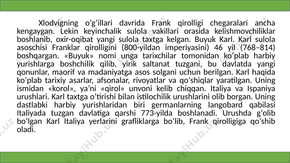 . buyuk karl davlati yevropaning katta qismini egallagan; uning hududini g‘arbiy rim imperiyasi bilan bemalol taqqoslasa bo‘lar edi. lekin karlning hokimiyati so‘nggi rim imperatorlarinikidan ancha yuksak bo‘lgan. ayni paytda so‘ngan imperiya haqidagi xotiralar viii asrda ham g‘arbiy yevropaning turli xalqlari va qabilalari xotirasida saqlanib qolgan karlning maslahatchilarida uni qadimgi rimliklarga taqlid qilib, imperator deb e’lon qilish g‘oyasi tug‘ilgan. bunday imkoniyat 800-yilda rim mahalliy zodagonlarining papa lev iii ga qarshi isyon ko‘tarishi orqali vujudga kelgan. karl qo‘shin yuborib isyonni bostirgan. bu yordam evaziga rim papasi 800-yilning dekabrida karlga imperatorlik tojini kiydiradi. shu tariqa g‘arbda yangidan imperiya paydo bo‘ladi. buyuk karl franklar imperiyasining mutlaq hukmdoriga aylanib, uning farmonlari faqat yirik zodagonlar, yer egalarining yilda ikki marta chaqiriladigan yig‘inida qabul qilingan. buyuk karlning doimiy poytaxti ham yo‘q edi. u o‘z amaldorlari bilan mamlakat bo‘ylab harakatlanib, turli shaharlardagi saroylarida to‘xtagan, mahalliy aholiga og‘irligi tushmasligi uchun uzoq vaqt o‘tmay yana boshqa shaharga yo‘l olgan. buyuk …