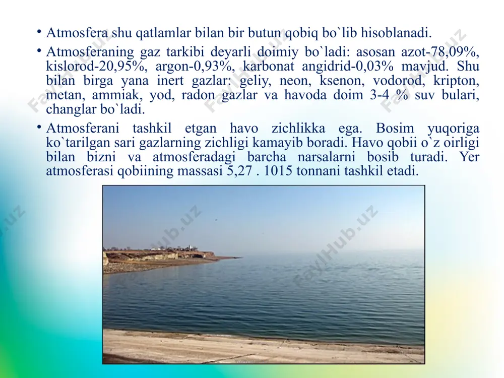 loslanishini kamaytirish uchun tezlik bilan zarur choralar ko`rilishi lozim. www.arxiv.uz amerikalik meterolog luis battan aytganidek: “yoki insonlar havodagi tutunni kamaytiradilar, aks holda tutun er yuzida insonlarni kamaytiradi”. rivojlangan mamlakatlarda tashqi muhitning ifloslanishi avtomobil dvigatellari chiqarayotgan zaharli moddalar tufayli yuz berayotir. ba`zi kapitalistik mamlakatlarda, masalan: yaponiyada avtomobillarning ko`pligi natijasida ko`cha harakatini boshqaruvchi polisiya xodimi har 2 soatda kislorod maskasini almashtirib turishga majbur bo`ladi. shu sababli ham mutaxassislar avtomobillarni “ildirakdagi ximiyaviy fabrika” deyishadi. mashina motori chiqargan gaz tarkibida uglerod oksidlari, karbonat angidrid, aldegidlar, azot oksidlari, uglevodlar, qo`roshin birikmalari bo`lib, ular inson soligiga salbiy ta`sir ko`rsatadi, uglerod oksidlari qondagi gemoglabin bilan birikib, uning kislorod tashishi funksiyasini pasaytiradi. qo`roshin birikmasi nafas olish yo`llari orqali o`tib kishilarning yurak-qon tomirlarini shikastlar ekan. foydalanilgan adabiyotlar: 1. karimov i. a. «o`zbekiston xxi asr bo`saasida: xavfsizlikka tahdid, barqarorlik shartlari va taraqqiyot kafolatlari» toshkent. o`zbekiston, 1997. 2. baratov p. tabiatni muhofaza qilish. t.oqituvchi, 1991. 3. biologik xilma-xillikni saqlash milliy strategiya …