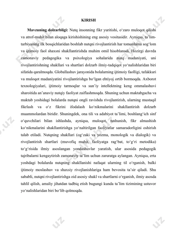logik) va rivojlantirish shartlari (muvofiq muhit, faoliyatga rag‘bat, to‘g‘ri metodika) to‘g‘risida ilmiy asoslangan yondashuvlar yaratish, ular asosida pedagogik tajribalarni kengaytirish zamonaviy ta’lim uchun zaruratga aylangan. ayniqsa, erta yoshdagi bolalarda nutqning shakllanishi nafaqat ularning til o‘rganish, balki ijtimoiy moslashuv va shaxsiy rivojlanishlariga ham bevosita ta’sir qiladi. shu sababli, nutqni rivojlantirishga oid asosiy shakl va shartlarni o‘rganish, ilmiy asosda tahlil qilish, amaliy jihatdan tadbiq etish bugungi kunda ta’lim tizimining ustuvor yo‘nalishlaridan biri bo‘lib qolmoqda. bugungi kunda maktabgacha ta’lim muassasalarida faqat bilim berish emas, balki bolani erkin fikrlash, muloqotga kirishish, o‘z fikrini asoslab ayta olish ko‘nikmalarini shakllantirish muhim vazifa sifatida ilgari surilmoqda. bunday ko‘nikmalar esa bevosita dialogik mashg‘ulotlar orqali tarkib topadi. shu sababli, dialogik nutqni rivojlantirishga xizmat qiladigan mashg‘ulotlar jamlanmasini yaratish dolzarb, zamonaviy va hayotiy ehtiyojlardan kelib chiqqan holda shakllanmoqda. bundan tashqari, xalqaro tajribalar tahlili shuni ko‘rsatadiki, rivojlangan davlatlarning maktabgacha ta’lim tizimida bolalar bilan olib boriladigan mashg‘ulotlar dialogik muloqot, munozara, dramatizatsiya va interfaol …