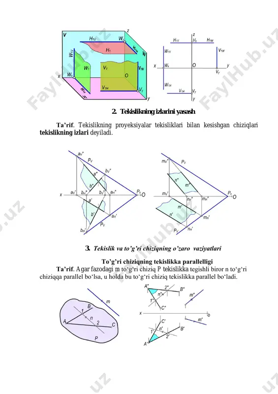 ekisliklar o‘zaro kesishuvchi tekisliklar deyiladi. tekisliklarning o‘zaro perpendikulyarligi ta’rif. tekislikka perpendikulyar bo‘lgan to‘g‘ri chiziqdan o‘tuvchi barcha tekisliklar berilgan tekislikka perpedikulyar bo‘ladi. ta’rif. agar biror tekislik ikki tekislikka umumiy bo‘lgan to‘g‘ri chiziqqa perpendikulyar bo‘lsa, u holda bu tekislik har ikkala tekisliklarga ham perpendikulyar bo‘ladi. 1-masala. p(ph, pv) tekislikka perpendikulyar va qx dan o‘tuvchi q tekislik izlari bilan o‘tkazilsin. nazorat testlari: 1. ikki to‘g‘ri chiziq o‘zaro qanday vaziyatda joylashgan? a. o‘zaro parallel b. o‘zaro kesishuvchi d. o‘zaro chalmashuvchi e. o‘zaro perpendikular 2. p tekislikda yotgan 12 kesmaning nomini aniqlang. a. tekislikning eng katta og‘ma chizig‘i b. tekislikning frontal chizig‘i d. tekislikning gorizontal chizig‘i e. tekislikning profil chizig‘i 3. p tekislikda yotgan to‘g‘ri chiziqning nomini aniqlang. a. tekislik frontali b. ihtiyoriy chiziq d. tekislik gorizontali e. eng katta og‘ma chizig‘i 4. p tekislikda yotgan to‘g‘ri chiziqning nomini aniqlang. a. tekislik frontali b. tekislik profili d. tekislik gorizontali e. eng katta og‘ma chiziq 5. …
