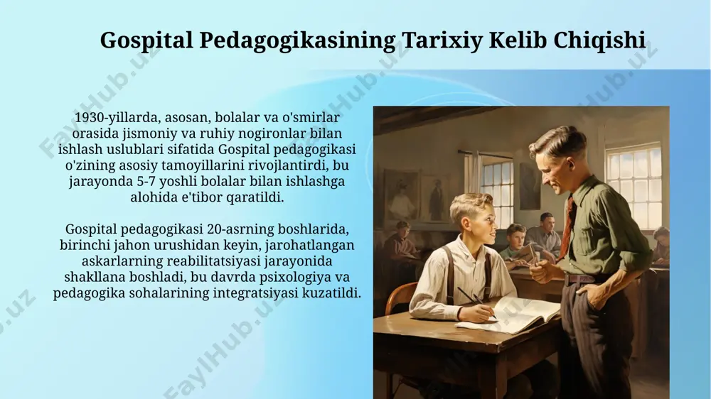 gogika yondashuvi bemorlarga 5 ta asosiy printsip asosida – insonparvarlik, hurmat, samaradorlik, xavfsizlik va javobgarlikka asoslangan holda yordam berishga o'rgatadi. gospital pedagogikasida individual yondashuv "gospital pedagogikasida individual yondashuv" ning asosiy tamoyillaridan biri – bemorning o'ziga xos xususiyatlari, masalan, yoshi, kasalligi, bilim darajasi kabi 3 ta muhim omilni hisobga olishdan iborat. ushbu pedagogik yondashuv, bemorlarning 80% dan ortig'ida ijobiy natijalarga olib kelishi haqida statistik ma'lumotlar mavjud bo'lib, individual o'qitish usullarining samaradorligini ko'rsatadi. gospital pedagogikasi bo'yicha tadqiqotlar “gospital pedagogikasi bo'yicha tadqiqotlar”da 2020-2024 yillar oralig'ida o'tkazilgan 5 ta katta miqyosli empirik tadqiqot natijalari ta'lim samaradorligini oshirishga qaratilgan yangi pedagogik yondashuvlarni ishlab chiqishga asos bo'ldi. "gospital pedagogikasi bo'yicha tadqiqotlar" doirasida ishlab chiqilgan 7 ta innovatsion o'quv dasturlari gospital muhitida o'qitish jarayonini modernizatsiya qilish va sifatini yaxshilashga qaratilgan. bemorlarga yordam berishning pedagogik aspektlari sog'liqni saqlash sohasidagi pedagogika, bemorlarning 70% ga yaqinini o'z-o'zini davolashga o'rgatish orqali kasalliklarning oldini olish va sog'lom turmush tarzini shakllantirishga qaratilgan. bemorlarga …