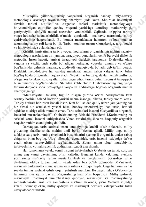 qarshi qaratilgan fitnalarining oldini olish bilan xarakterlanadi. mazkur yillarning alohida davr sifatida e’tirof etilishida o‘zbekistonning birinchi prezidenti i.karimovning “o‘zbekiston mustaqillikka erishish ostonasida” asaridagi xronologik yondashuv ham ushbu davrning konseptual asosi hisoblanadi. keyingi bosqich o‘z ichiga 1991 yildan to 2000 yilga qadar bo‘lgan davrni o‘z ichiga qamrab oladi. bu davrda milliy davlatchilik asoslari va ijtimoiy yo‘naltirilgan bozor iqtisodiyotini yuzaga keltirishga qaratilgan o‘tish davrining dastlabki islohotlar jarayoniga ilk qadamlar qo‘yildi. shu davrdan boshlab bir necha avlod davrida shakllanib kelgan va odamlar ongiga singib ketgan kommunistik mafkura aqidasidan voz kechilib, milliy istiqlol g‘oyasining asoslari shakllandi. buning ta’sirida hayotga demokratik qadriyatlarni mustahkamlash, mamlakatni jahon hamjamiyatiga integratsiyasiz tasavvur qila olmaydigan yangi avlod vakillari kirib kela boshladi. bu esa mamlakatda tub siyosiy, iqtisodiy, ma’naviy-ruhiy o‘zgarishlarni bosqichma-basqich o‘sib borishiga xizmat qildi. “shok terapiyasi” nomini olgan o‘tish modelidan mutlaqo farq qiluvchi “o‘zbek modeli”ning hayotga joriy etilishi natijasida, tarixan qisqa davr ichida eski, ma’muriy-buyruqbozlikga asoslangan sovet tizimi o‘rniga milliy …