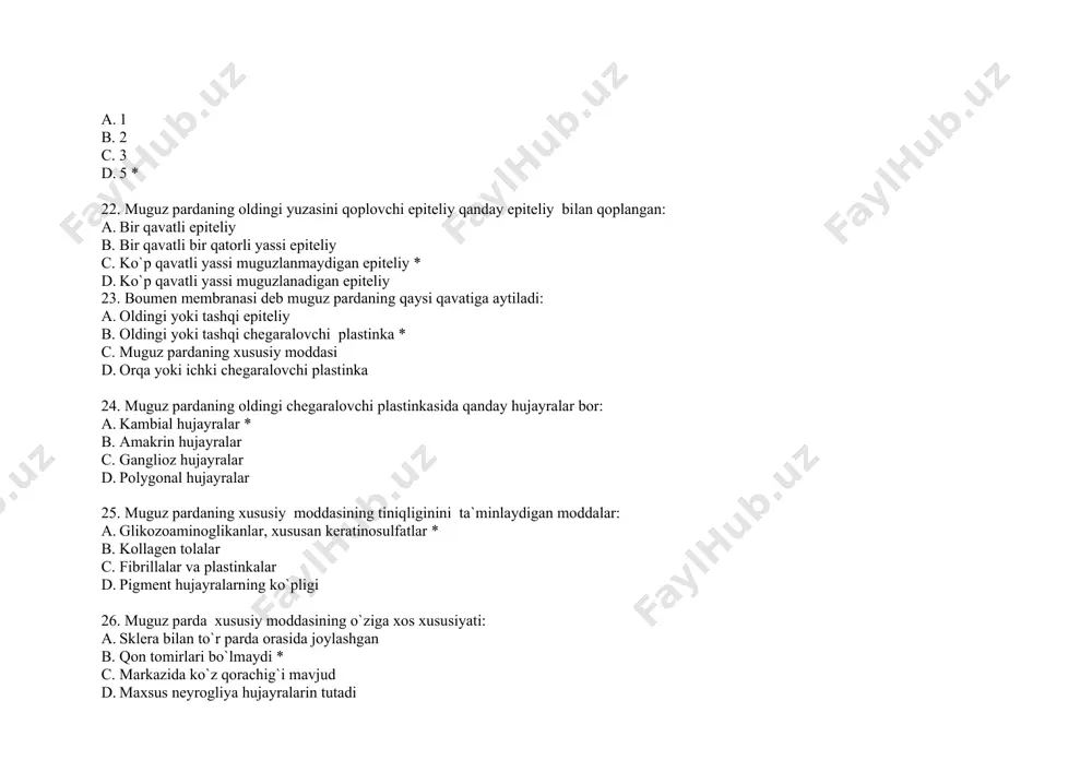 irok etadi: a. kiprikli tana va uning mushaklari * b. kiprikli tanani qoplovchi epiteliy hujayralari c. pigment hujayralari d. muguz parda 51. akkomadasion sistemaga kiradi: a. kiprili tana * b. muguz parda c. to`r parda d. tomirli parda 52. kiprili tananing asosi kuydagilardan tashkil topgan: a. kollagen tolalar b. qon tomirlar c. siyrak tolali biriktiruvchi to`qima d. silliq mushak tolalari * 53. siliyar mushaklarning yunalishi: a. 1 b. 2 c. 3 * d. 4 54. ko`z kamerasini to`ldirib turuvchi suyuqliqni ishlab chiqaradi: a. kiprikli tana va uning mushaklari b. sirtqi (meridional) mushak tutami c. aylana va radial mushak tutami d. kiprikli tanani qoplovchi epiteliy hujayralari * 55. ko`z olmasining o`rta yoki tomirli pardasi qaerda joylashgan: a. muguz va yoy parda orasida b. tomirli parda va ko`z gavhari orasida c. sklera bilan to`r parda orasida * d. muguz parda bilan gavhar orasida 56. xususiy tomirli parda kuydagilardan tuzilgan: a. pigment hujayralar …