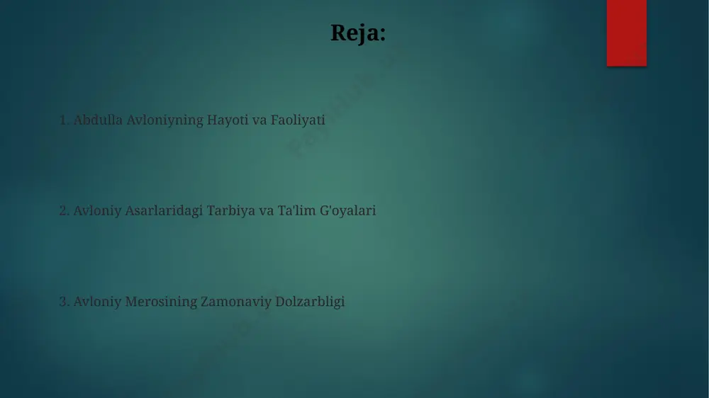 avlati g'oyasini targ'ib qilgan va rossiyadan mustaqillikni himoya qilgan. avloniy 1917-yilda turkiston muxtoriyatini qo'llab-quvvatlagan, toshkentda milliy hukumat tuzishga harakat qilgan va 300 dan ortiq kishilik milliy qo'shinni tashkil etishga urinish qilgan. avloniyning adabiy merosi "xulosa" (1914) nomli maqolasi samarqand shahrida chop etilgan va yangi usulda ta'lim berishning ahamiyati haqida 20 dan ortiq fikrlarni bayon etadi. uning "tarbiya" asari, 1920 yillarda toshkentda chop etilgan boʻlib, bolalar tarbiyasi masalalariga bagʻishlangan va 5 bobdan iborat, milliy qadriyatlarni ta'kidlaydi. avloniy asarlaridagi axloq va tarbiya masalalari uning "turkiston madrasalari" nomli asarida o'quv dasturlari va o'qituvchilarning malakasi masalalari muhokama qilinib, samarqand va buxoro madrasalarining o'quv jarayonini takomillashtirish bo'yicha takliflar berilgan. avloniyning "tarbiya" asarida 5 yoshdan 15 yoshgacha bo'lgan bolalar uchun 3 bosqichli axloq tarbiyasi tizimi bayon etilgan bo'lib, bu tizimda oila, maktab va jamiyatning roli aniq ko'rsatib o'tilgan. avloniy merosi va zamonaviylik "туркий ҳалқларнинг маърифатпарварлик анъаналари" мавзусидаги 10 дан ортиқ халқаро конференцияларда аvloniyнинг педагогик қарашлари муҳокама …
