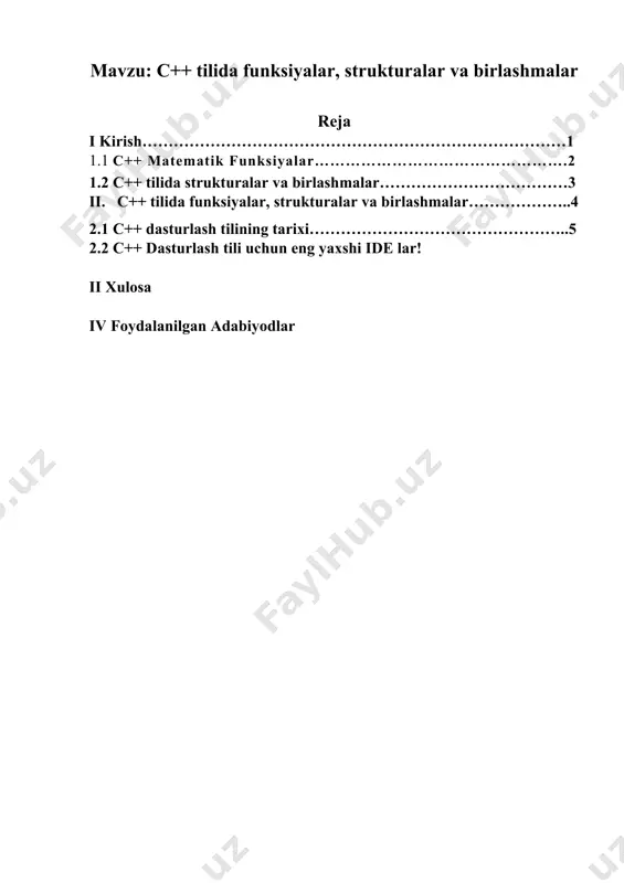 urlarni yaratish uchun ishlatilishi mumkin bo'lgan o'zaro faoliyat platforma tili hisoblanadi. c++ - bu c tilining kengaytmasi sifatida bjarne stroustrup tamonidan ishlab chiqilgan. c++ - dasturchi uchun xotirani boshqarish. unumli foydalanish imkoniyatini beradi! #include using namespace std; ​ int main() { cout kutubxonasi. sqrt(kvadrat ildiz), round(sonni aylantiradi) va log (natural logarifm) kabi boshqa funktsiyalarni kutubxonasida topish mumkin : #include #include using namespace std; ​ int main() { cout kutubxonasida) ro'yxatini quyidagi jadvalda topish mumkin: assalomu alaykum bugun siz bilan bir qancha imkoniyatlarga ega funksiyalar haqida ma'lumotga ega bo'lamiz. bugun siz bilan matematik funksiyalar haqida gaplashamiz. c++ dasturlash tilida raqamlarda matematik vazifalarni bajarish imkoniyatini beradigan ko'pgina funksiyalar mavjud. min va max funktsiya eng yuqori qiymatini topish uchun foydalanish mumkin x va y :max(x,y) cout kutubxonasi. sqrt(kvadrat ildiz), round(sonni aylantiradi) va log (natural logarifm) kabi boshqa funktsiyalarni kutubxonasida topish mumkin : #include #include using namespace std; ​ int main() { cout kutubxonasida) …