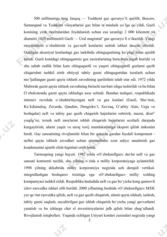 kabrida milliy korporatsiya negizida uch darajali vertikal-integrallashgan boshqaruv tizimiga ega «o`zbekneftgaz» milliy xolding kompaniyasi tashkil etildi. respublika hududida neft va gaz bo`yicha keng qamrovli izlov-razvedka ishlari olib borildi. 2000 yillarning boshida «o`zbekneftgaz» mxk yer qa`rini razvedka qilish, neft va gaz qazib chiqarish, ularni qayta ishlash, tashish, tabiiy gazni saqlash, suyultirilgan gaz ishlab chiqarish bo`yicha yangi quvvatlarni yaratish va bu ishlarga chet el investitsiyalarini jalb qilish bilan shug’ullandi. rivojlanish istiqbollari. yaqinda ochilgan ustyurt konlari zaxiralari negizida yangi ustyurt gaz-kimyo kompleksining qurilishi amalga oshirilmoqda. ustyurt gkkning uglevodorod xom ashyosini qayta ishlash ob`ektlari qurilishining yakunlanishi va ularning ishga tushirilishi, shuningdek neft-gaz-kimyo sanoatidagi boshqa loyihalarning amalga oshirilishi yaqin kelajakda neft va gaz tarmog’ini yangi, yanada yuqoriroq texnologik pog’onaga ko`tarish, tubdan diversifikatsiya qilish imkonini beradi. texnik iqtisodiy asoslar tabiiy gazni qazib olish va qayta ishlash jadal sur’atlarda oshib bormoqda. yangi konlar (ustyurtda) ochilmoqda. hozir yiliga 55-60 mlrd.m3 gacha gaz qazib olinayapti. tanlangan qurilish nuqtasi muborak …
