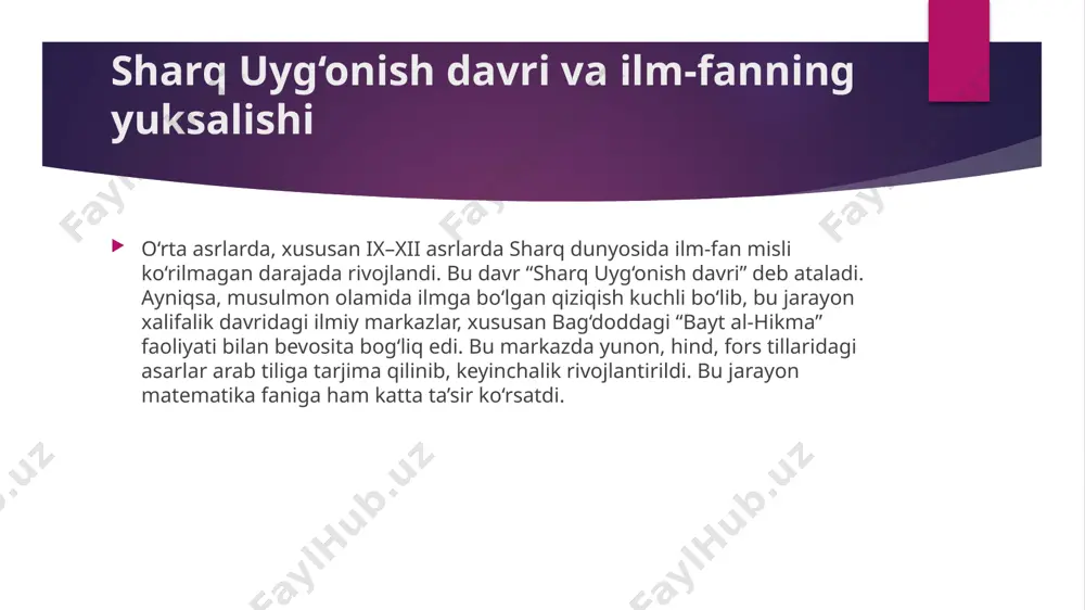 da chuqur yondashuvni qo‘llagan alloma sifatida tan olingan. bundan tashqari, u evklidning “elementlar” asarini tahlil qilgan va undagi ba’zi postulatlarga tanqidiy yondashgan. xususan, parallel to‘g‘rilar haqidagi postulatni mustaqil isbot qilishga harakat qilgan, bu esa keyinchalik noevklid geometriyasi asoslarini shakllantirishda dastlabki qadam hisoblanadi. umar xayyomning ishlari yevropada xvii–xviii asrlarda qayta kashf etilgan va uning ishlari yuqori baholangan. u matematika sohasida ijodiy va nazariy fikrlashni rivojlantirgan alloma sifatida tarixda muhim o‘rin egallaydi. nasiriddin tusi va trigonometriya ilmining rivoji nasiriddin tusi (1201–1274) — o‘rta asrning eng yirik olimlaridan biri bo‘lib, matematika, astronomiya, falsafa va ilohiyot sohalarida chuqur ilmiy iz qoldirgan. uning matematika sohasidagi eng katta yutug‘i trigonometriya fanini mustaqil sohaga aylantirishda ko‘rsatgan xizmatidir. tusi trigonometriyani geometriyaning bir bo‘lagi emas, balki alohida fan sifatida qaragan. u sinus, kosinus, tangens va kotangens kabi trigonometrik funksiyalarni aniqlab, ular ustida amallar bajarish usullarini ishlab chiqqan. u shuningdek, sferik trigonometriya — ya'ni sferik yuzalarda burchak va tomonlar o‘rtasidagi …