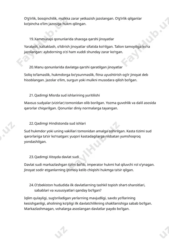 edi. shaharlar va qishloqlardan iborat ijtimoiy tuzum mavjud bo‘lib, aholining asosiy qismi dehqonlar edi. 27. qadimgi so‘g‘diyona davlati ijtimoiy va davlat tuzumi haqida nimalarni bilasiz? so‘g‘diyona mustaqil shahar-davlatlardan tashkil topgan. har bir shahar o‘z hokimiga ega bo‘lgan. savdo, hunarmandchilik va madaniyat yuksak darajada rivojlangan. 28. qadimgi qang‘ davlati ijtimoiy va davlat tuzumi haqida nimalarni bilasiz? qang‘ davlatida markaziy hokimiyat mavjud bo‘lib, urug‘-qabila boshliqlari orqali boshqaruv amalga oshirilgan. harbiy qatlam muhim o‘rin tutgan. 29. ahmoniylar davrida ijtimoiy-siyosiy tuzumda qanday o‘zgarishlar yuz berdi? satrapiya tizimi joriy etildi. har bir satrap mustaqil yurituvchi bo‘lib, markaziy hokimiyatga bo‘ysungan. yagona soliq va pul tizimi ishlab chiqildi. 30. iskandar zulqarnayn qanday islohatlarni amalga oshirdi? yunon va sharq madaniyatini birlashtirdi. mahalliy boshqaruvchilarni lavozimda qoldirib, ularni o‘ziga bo‘ysundirdi. harbiy va iqtisodiy sohalarda integratsiyalashgan tizim yaratdi. 31. salavkiylar davlatining vujudga kelishi va ijtimoiy-siyosiy tuzumi haqida gapirib bering. iskandarning vorislari tomonidan tashkil etilgan. yunoncha boshqaruv tizimi va sharqona soliq-siyosiy an’analar …