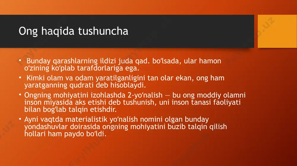 driyatlar va qoidalar tizimi; san’at – voqelikni tasviriy vositalar orqali ma’naviy-amaliy o’zlashtirishning maxsus turi, inson turmush tarzining turli tomonlarini tasviriy modellashtirish; din, e’tiqod – o’zida yuksak sifatlarni mujassamlashtirgan g’ayritabiiy kuchlarga ishonish, e’tiqodli odamlarning ruhiy tayanchi. ijtimoiy ongning barcha shakllari birgalikda g’oyaviylikni – insonlarning voqelikka va bir-birlariga bo’lgan munosabatni, jamiyat hayotiy faoliyatini boshqaruvchi tub negizli qadriyatlar, asosiy g’oyalar tizimini shakllantiradi. inson ongining xususiyatlari. 5. ong o’zlikni anglash, shaxsiy refleks bilan bog’liq. inson o’z atrofidagi olamni anglashda o’zini u bilan taqqoslaydi. o’zlikni anglash – bu insonning olamga nisbatan ahamiyatga molik hamda zarur, shuningdek, shaxsiy munosabatlar tizimi. ong inson psixikasining xossasi sifatida bidominantlik – shaxs ichki kommunikatsiyasi, insonning o’zi bilan bo’lgan muloqoti mexanizmi orqali amalga oshiriladidi va bu shaxsning ichki dialogi ijtimoiy mezonlar bilan belgilanadi. foydalanilgan adabiyotlar: g`oziev.e. psixologiya. t-2003 https://fayllar.org/ong-haqida-tushuncha-va-uning-xossalari-reja-ong-haqida-umumiy.html?page=6 https://uz.wikipedia.org/wiki/ong maxsudova m. muloqot psixologiyasi.t.turon-iqbol. 2006 image2.png image3.png image4.png image1.png