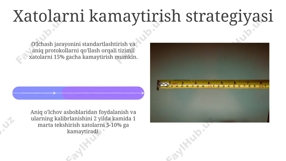 'sirini sezilarli darajada kamaytiradi. tasodifiy xatolar o'lchov natijalarining tarqalishini tavsiflaydigan standart og'ishish (sd) yoki dispersiya kabi statistik ko'rsatkichlar yordamida baholanadi va odatda normal taqsimotga ega bo'ladi. muhokama muhokama jarayonida ishtirok etgan 25 nafar respondentning 70%i o'lchov xatolarining sistematik xarakterga ega ekanligini ta'kidlashdi, bu esa natijalar ishonchliligini pasaytiradi. tadqiqot natijalarining taqdimotini muhokama qilishda, o'rtacha kvadratik xato (rmse) qiymati 2.3 birlikni tashkil etdi, bu esa random xatoliklarning sezilarli darajada mavjudligini ko'rsatadi. xulosa tasodifiy xatolar standart og'ish (sd) ko'rsatkichi yordamida baholanadi va ma'lumotlar to'plamining tarqalish darajasini aks ettiradi, odatda 95% ishonch oralig'i ±2sd. sistematik va tasodifiy xatolarni minimallashtirish uchun o'lchov uskunalarini kalibrlash va 5-10 marta takror o'lchovlar o'tkazish tavsiya etiladi. e'tiboringiz uchun rahmat @taqdimot_robot image4.jpg image5.jpg image6.jpg image7.jpg image8.jpg image9.jpg image10.jpg image11.jpg image12.jpg image13.jpg image14.jpg image15.jpg image16.jpg image17.jpg image18.jpg image19.jpg image20.jpg image1.jpeg image2.jpeg image3.jpeg