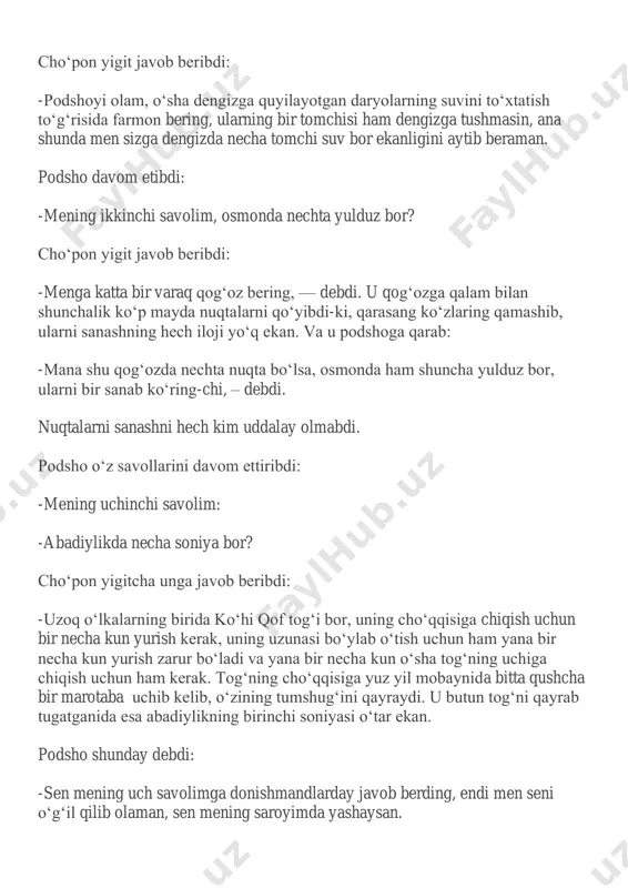 ushga borib aytibdi. o‘zining baxtsizligidan nolibdi. oqqush uzun bo‘ynini oldinga cho‘zib javob qilibdi: – umuman olganda, gaping to‘g‘ri. ammo mendan ham baxtliroq qush bor, bu – to‘ti. u dunyodagi eng baxtli qush hisoblanadi. oqqushning tan olib gapirishidan to‘tining dunyodagi eng baxtli qush ekanligiga ishonchi ortgan qarg‘a yo‘lda to‘tini uchratibdi. unga oqqushning ta’rifini aytibdi. to‘ti boshini sarak-sarak qilgancha so‘zga kiribdi: – do‘stim, oqqushning gapida jon bor. sababi toki tovusni uchratmagunimcha men ham shunday iqrorda edim. endi bilsam, dunyodagi eng baxtli qush tovus ekan. mana, qara, menda faqatgina ikki xil rang bor. mening go‘zalligim shu ikki tusli patlarimda. ammo tovusda olamda bor jamiki rangni uchratasan. shubhasiz, u dunyoning eng go‘zal, eng baxtli qushi. qarg‘a xulosalariga yakun yasash uchun tovusni qidirib ketibdi. izlay-izlay uni hayvonot bog‘idagi qafas ichidan topibdi. qarg‘a bir muddat tovusning chiroyiga mahliyo bo‘lib qolibdi. uning eng baxtli qush ekanligiga shubhasi qolmabdi. eng hayratlanarlisi, panjara ortidagi o‘nlab, yuzlab odamlar uni tomosha …