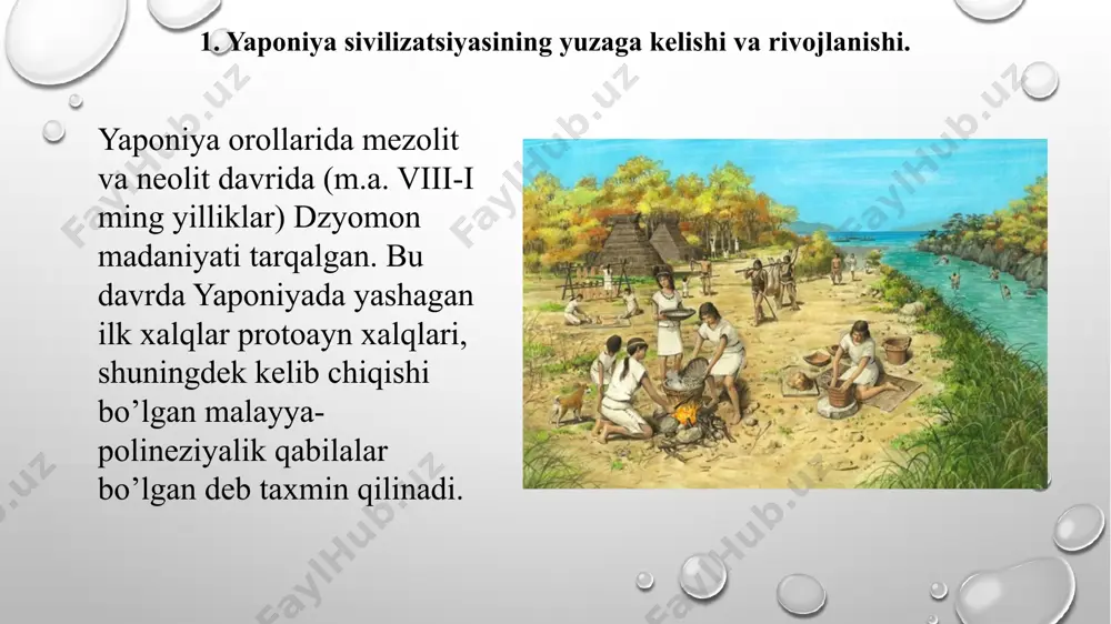 ning yaponcha nixon (nippon) - “quyosh chiqadigan mamlakat” degan nomi aynan setoku nomi bilan bog’liq. 604 yilda konfutsiylik davlatning mafkuraviy asosi qilib olinadi. 710 yilga kelib doimiy poytaxt naraning qurilishi yakunlangan. taxminan 200 ming kishi istiqomat qilgan nara o’sha vaqtda yagona shahar bo’lgan. qishloq xo’jaligi, hunurmandchilik va ijtimoiy munosabatlarning taraqqiyot darajasi shaharlarning yuzaga kelishini talab qiluvchi bosqichda emas edi. viii asrga kelib yaponiyada tanga zarb qilina boshlangan. yaponiya davlat tuzimining yana bir o’ziga xos xususiyati x asrda shakllangan harbiy-xizmatchilar tabaqasi - samuraylar edi. samuraylarning alohida or-nomus kodeksi mavjud edi. samuray jangchi (busido) yo’lidan borishi kerak bo’lgan. maxsus mashqlar yordamida u o’zini to’liq boshqarishga erishgan. samuray uch narsaga 97 ont ichgan: uy haqida, rafiqasi haqida va o’z hayoti haqida unutish. uning yagona jinoyati xo’jayiniga xiyonat bo’lgan va bunday holatda samuray o’z joniga qasd qilishi (xarakiri) lozim bo’lgan. samuraylarning tepasida syogun turgan. xii asrdan yaponiyani rasman imperator boshqarsa-da, haqiqiy hokimiyat syogun qo’lida …