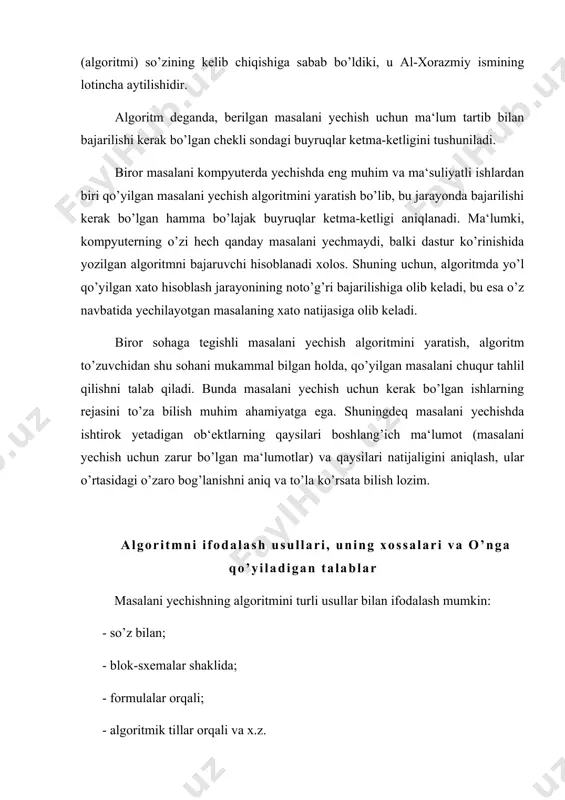uvchi algoritmlar adabiyotlar ro’yxati: 1. каримов и.а. ўзбекистон келажаги буюк давлат. “ўзбекистон”, 1992 2. каримов и.а. ислоҳотларни амалга оширишда қатъиятли бўлайлик. “ўзбекистон”, 1996 3. «иқтисодий информатика» с.с.ғуломов ва бошқалар с.с.ғуломовнинг умумий тахрири остида.-т.: «шарқ», 1999.- 546 б 4. “ахборот тизимлари ва технологиялари”: олий ўқув юртлари талабалари учун дарслик//муаллифлар жамоаси: с.с.ғуломов, р.х.алимов, х.с.лутфуллаев ва бошк./; с.с.ғуломовнинг умумий тахрири остида.-т.: «шарқ», 2000.- 592 б. 5. аюпов р.х., исмоилов с.и., аюпов х.р. хусусий компьютерларда ишлаш. “microsoft word 2000 матн муҳаррири”. – т.: тми, 2002. 124 бет 6. марахимов а.р., раҳмонқулова с.и. “интернет ва ундан фойдаланиш асослари.“ ўқув қўлланма.-т.:тошкент давлат техника университети нашриёти, 2001.–176 б. 7. ғуломов с.с. ва бошқалар. ахборот тизимлари ва технологиялари – т.: «шарқ», 2000 8. арипов м.м, мухаммадиев ж..у “информатика ва информацион технологиялар”. ўқув қулланма. тошкент шахри, 2005 йил. 9. макарова “ информатика “ тошкент ш 2005 йил. 10. эрматов ш “шахсий компьютерларнинг операцион тизимлари,курилмалари ва воситалари”. тошкент 2007 йил. …