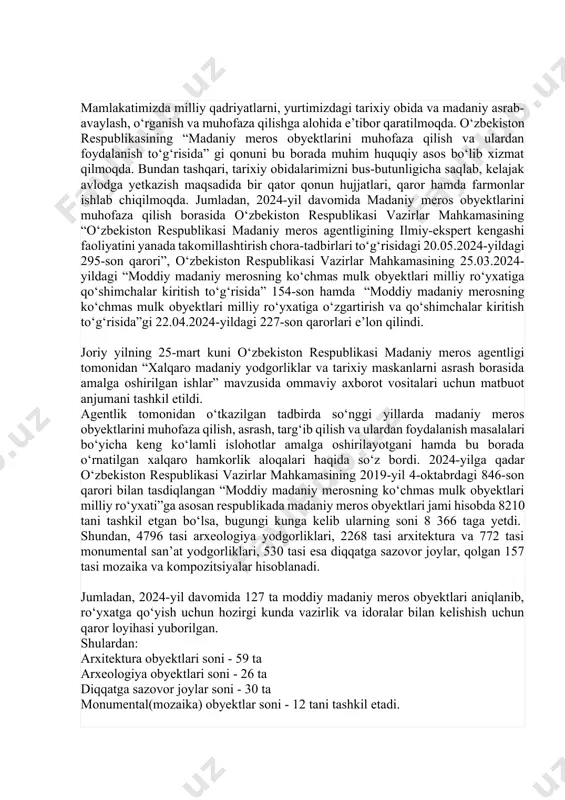 texnik yordam ko’rsatadi, maslahatlar beradi va loyihalarni amalga oshirishda yordam beradi. axborot almashish: iccrom madaniy merosni saqlash bo’yicha axborotlarni to’playdi, tarqatadi va a’zo davlatlar o’rtasida axborot almashinuvini ta’minlaydi. world monuments fund (wmf): wmf - xususiy notijorat tashkilot bo’lib, butun dunyodagi muhim madaniy meros ob’ektlarini saqlashga qaratilgan loyihalarni moliyalashtiradi va amalga oshiradi. wmfning asosiy vazifalari: madaniy meros ob’ektlarini saqlash loyihalarini moliyalashtirish: wmf butun dunyodagi madaniy meros ob’ektlarini saqlash loyihalarini moliyalashtiradi, restavratsiya ishlariga homiylik qiladi va texnik yordam ko’rsatadi. madaniy merosni saqlashga oid xabardorlikni oshirish: wmf madaniy merosning ahamiyati to’g’risida xabardorlikni oshirish uchun kampaniyalar o’tkazadi, nashrlar chop etadi va ommaviy tadbirlar tashkil etadi. mahalliy hamjamiyatlarni jalb qilish: wmf madaniy merosni saqlash loyihalariga mahalliy hamjamiyatlarni jalb qiladi, ularning ishtirokini ta’minlaydi va ularga ko’nikmalarni o’rgatadi. xalqaro yodgorliklarni saqlash tashkilotlari madaniy merosni himoya qilishda muhim rol o’ynaydi. ular global hamkorlikni yo’lga qo’yish, me’yoriy-huquqiy asoslarni ishlab chiqish, malakali mutaxassislarni tayyorlash va madaniy merosga oid xabardorlikni oshirish …