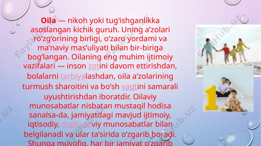 li oilalar, axloqsiz jinoyatchilar kiradi. ikkinchi bo'lim tashqi ko'rinishdagi hurmatli oilalarni o'z ichiga oladi, lekin ota-onalar tomonidan noto'g'ri munosabatda bo'lish tufayli jiddiy ichki qarama-qarshiliklar mavjud “qachonki er o’z xotiniga qarasa, xotin o’z eriga qarasa , tangri ham ularga rahmat ko’zi bilan qaraydi,bordi-yu kaftini kaftiga quysa barmoqlari orasidagi gunohlari duv-duv tukiladi” (44-hadis). “hech bir ota o’z farzandiga xulq-odobdan buyukroq meros bera olmaydi” (136-hadis) image2.png image4.png image3.png image5.png image6.emf image7.png image8.png image9.emf image10.emf image11.emf image12.png image13.png image14.png image15.png image16.png image17.png image18.png image1.png /docprops/thumbnail.jpeg