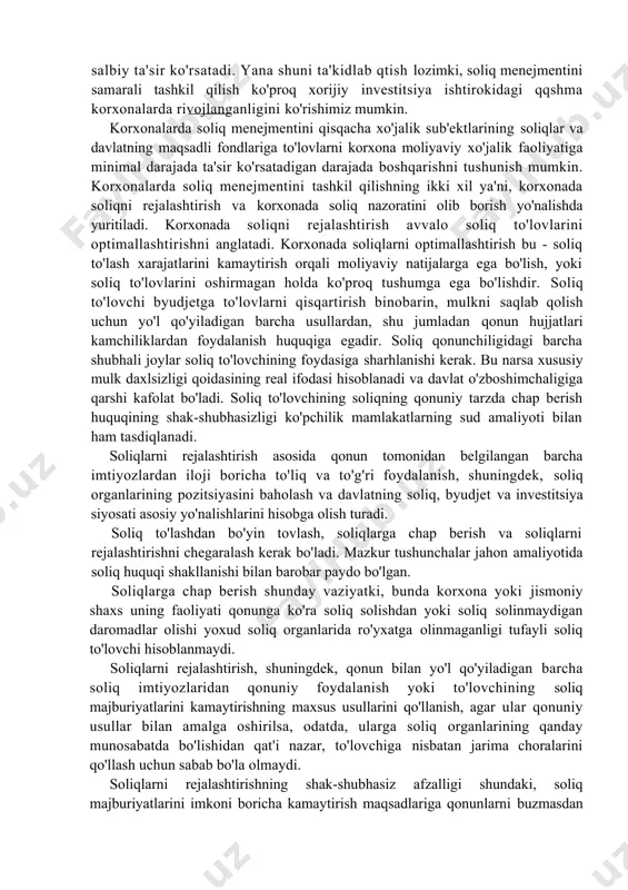 a to'lovlarni qisqartirish binobarin, mulkni saqlab qolish uchun yo'l qo'yiladigan barcha usullardan, shu jumladan qonun hujjatlari kamchiliklardan foydalanish huquqiga egadir. soliq qonunchiligidagi barcha shubhali joylar soliq to'lovchining foydasiga sharhlanishi kerak. bu narsa xususiy mulk daxlsizligi qoidasining real ifodasi hisoblanadi va davlat o'zboshimchaligiga qarshi kafolat bo'ladi. soliq to'lovchining soliqning qonuniy tarzda chap berish huquqining shak-shubhasizligi ko'pchilik mamlakatlarning sud amaliyoti bilan ham tasdiqlanadi. soliqlarni rejalashtirish asosida qonun tomonidan belgilangan barcha imtiyozlardan iloji boricha to'liq va to'g'ri foydalanish, shuningdek, soliq organlarining pozitsiyasini baholash va davlatning soliq, byudjet va investitsiya siyosati asosiy yo'nalishlarini hisobga olish turadi. soliq to'lashdan bo'yin tovlash, soliqlarga chap berish va soliqlarni rejalashtirishni chegaralash kerak bo'ladi. mazkur tushunchalar jahon amaliyotida soliq huquqi shakllanishi bilan barobar paydo bo'lgan. soliqlarga chap berish shunday vaziyatki, bunda korxona yoki jismoniy shaxs uning faoliyati qonunga ko'ra soliq solishdan yoki soliq solinmaydigan daromadlar olishi yoxud soliq organlarida ro'yxatga olinmaganligi tufayli soliq to'lovchi hisoblanmaydi. soliqlarni rejalashtirish, shuningdek, qonun …