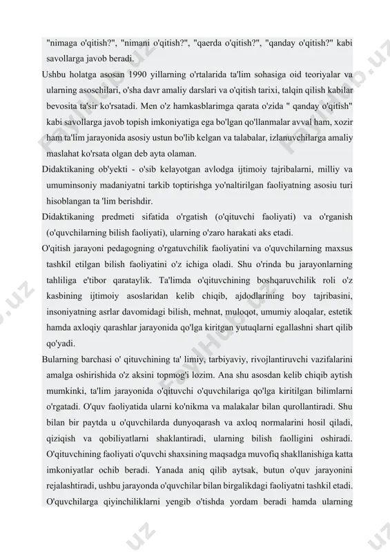 arning bilimlarini va butun ta'lim jarayonini tashxis qiladi. o'z navbatida o'quvchilarning faoliyati o'quv jarayonida o'rganishga, bilim, ko'nikma hamda malakalarni egallashga, o'zini jamiyatga foydali faoliyatga tayyorlashga yo'naltiradi. ta'lim jarayonida o'quvchilarning faoliyati ko'p qirrali yo'nalgan harakatni ifodalaydi va bu harakat bilishga doir vazifalarni hal qilishda ularga katta yordam beradi. didaktika va metodika mustahkam aloqa va o' zaro bog' liqlikda joylashadi. didaktika o' qitishning umumiy qonuniyatlarini o'rganadi. aniq bir predmetni o'qtishning o'ziga xos xususiyatlari xususiy metodikalarda ishlab chiqiladi. didaktikaning asosiy kategoriyalari. muayyan fanga xos bo'lgan tushunchalarda insoniyat tomonidan ijtimoiy taraqqiyot jarayonida to'plangan bilimlar aks etadi. didaktikanining maqsad va vazifalari. didaktika va metodikaning maqsadi: ta’lim berish, o'qitish, o'rgatishni amalga oshirishdir. didaktika «nimani?» va «nima uchun?» o‘qitish kerak degan savollar bilan shug'ullansa, metodika esa u bilan uzviy bog‘liq holda «qay tarzda, qanday?» va «nimalar yordamida o'qitish?» lozim masalalari bilan shug‘u)lanadi. didaktikaning an’anaviy «qanday o'qitish kerak?» degan savoli bizni o'qitish metodlari kategoriyasiga olib keladi. metodlarsiz qo'yilgan …