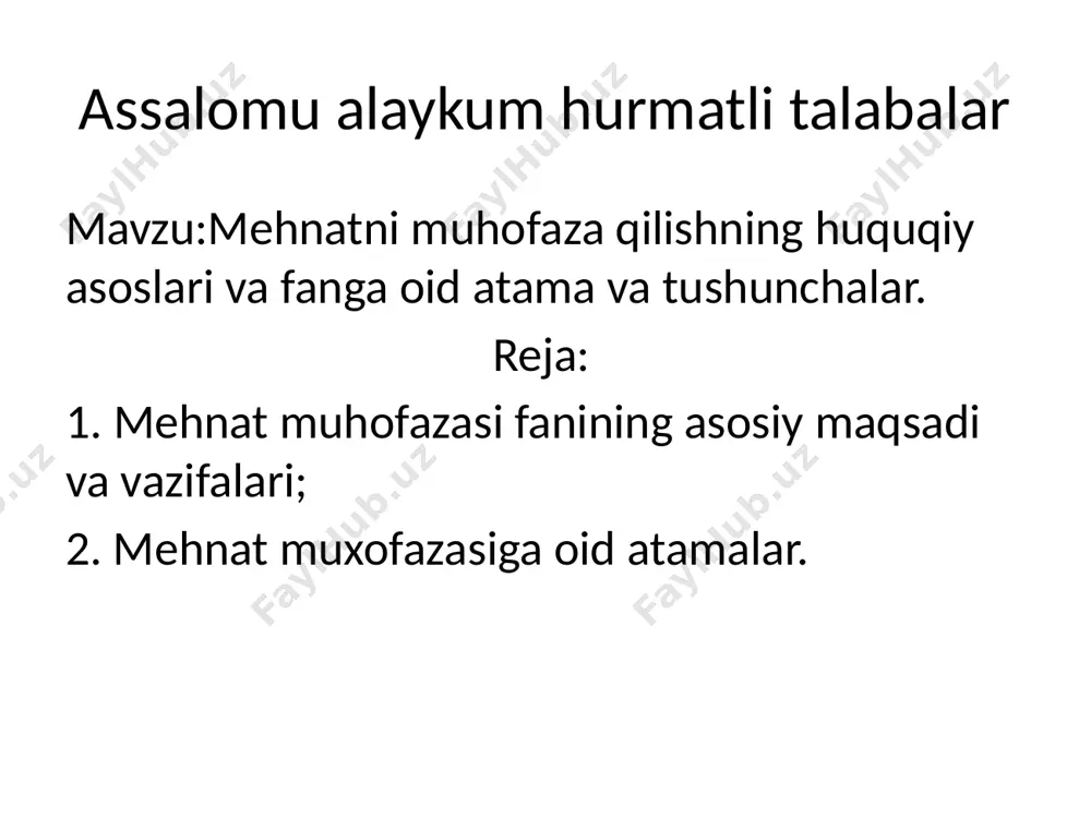 lik psihologiyasi”, “ ishni ilmiy tashkil qilish”, “gigiena va fiziologiya”, “huquqshunoslik”, “iqtisod”, “ekologiya” va boshqa fanlar bilan chambarchas bog‘liqdir. mehnat muhofazasi borasida ko‘plab ilmiy tadqiqot ishlarini 100 dan ortiq ilmiy tadqiqot tashkilotlari va laboratoriyalar, shu qatorda mdh da 6 ta mehnatni muhofazasi qilish institutlari, 64 dan ortiq oliy maktab kafedralari, ko‘plab tibbiyot ilmiy-tadqiqot muassasalarida olib boriladi. ilmiy fan sifatida “mehnatni muhofazasi” fanining maqsadi, maksimal ish unumdorligida, ish sharoitining to‘liq xavfsizligini va zararsizligini ta’minlovchi tashkiliy va texnik tadbirlarni ishlab chiqishdadir. mehnat sharoitining yaxshilanishi sotsial natijalarga ya’ni, mehnatkashlarning sog‘lig‘ini yaxshilash, o‘z ishidan mamnunlik darajasini oshorish, mehnat intizomini mustahkamlash, ishlab chiqarish va jamoat faolligini oshirishga olib keladi. korxonalarda sog‘lom va xavfsiz mehnat sharoitlarini ta’minlash korxona ma’muriyatiga yuklangan. ma’muriyat zamonaviy xavfsizlik texnikasi vositalarini tadbiq etish, ishlab chiqarish jarohatlarini va kasbiy kasalliklarni oldini olish uchun sanitariya-gigiena sharoitlarini ta’minlashi kerak. mehnat muhofazasi talablariga javob bermaydigan biron bir yangi mashina yoki mexanizm ishlab chiqarishga qabul qilnmasligi kerak. …