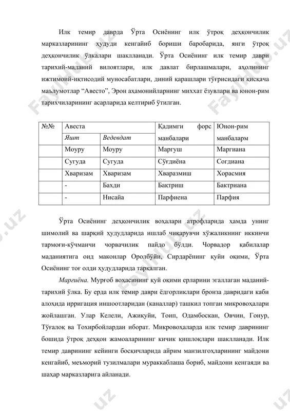 ризам хваризам хваразмиш хорасмия - бахди бақтриш бактриана - нисайа парфиена парфия ўрта осиёнинг деҳқончилик воҳалари атрофларида ҳамда унинг шимолий ва шарқий ҳудудларида ишлаб чиқарувчи хўжаликнинг иккинчи тармоғи-кўчманчи чорвачилик пайдо бўлди. чорвадор қабилалар маданиятига оид маконлар оролбўйи, сирдарёнинг қуйи оқими, ўрта осиёнинг тоғ олди ҳудудларида тарқалган. марғиёна. мурғоб воҳасининг қуй оқими ерларини эгаллаган маданий-тарихий ўлка. бу ерда илк темир даври ёдгорликлари бронза давридаги каби алоҳида ирригация иншоотларидан (каналлар) ташкил топган микровоҳалари жойлашган. улар келели, ажиқуйи, тоип, одамбоскан, овчин, гонур, тўғалоқ ва тохирбойлардан иборат. микровоҳаларда илк темир даврининг бошида ўтроқ деҳқон жамоаларининг кичик қишлоқлари шаклланади. илк темир даврининг кейинги босқичларида айрим манзилгоҳларининг майдони кенгайиб, меъморий тузилмалари мураккаблаша бориб, майдони кенгаяди ва шаҳар марказларига айланади. ўлканинг илк темир даврига оид барча манзилгоҳлари тузилиши ва вазифаларига кўра уч хил шакли ажралиб туради. улар мудофаа деворларига эга бўлган қадимги шаҳар шаклидаги йирик манзилгоҳлар, яъни кўҳна шаҳарлар (ёзтепа, тўғалоқтепа, тохирбой i, қўҳна марв). бундай манзилгоҳлар …