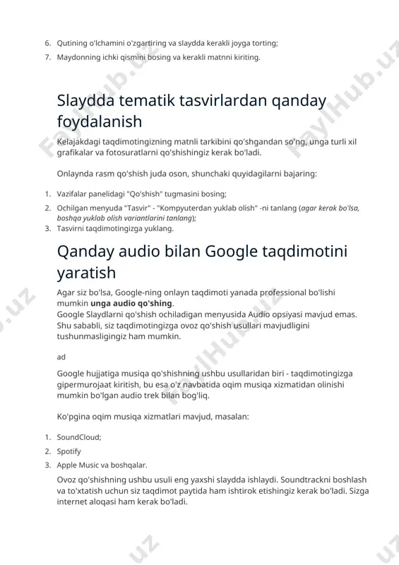 ish agar siz bo'lsa, google-ning onlayn taqdimoti yanada professional bo'lishi mumkin unga audio qo'shing. google slaydlarni qo'shish ochiladigan menyusida audio opsiyasi mavjud emas. shu sababli, siz taqdimotingizga ovoz qo'shish usullari mavjudligini tushunmasligingiz ham mumkin. ad google hujjatiga musiqa qo'shishning ushbu usullaridan biri - taqdimotingizga gipermurojaat kiritish, bu esa o'z navbatida oqim musiqa xizmatidan olinishi mumkin bo'lgan audio trek bilan bog'liq. ko'pgina oqim musiqa xizmatlari mavjud, masalan: 1. soundcloud; 2. spotify 3. apple music va boshqalar. ovoz qo'shishning ushbu usuli eng yaxshi slaydda ishlaydi. soundtrackni boshlash va to'xtatish uchun siz taqdimot paytida ham ishtirok etishingiz kerak bo'ladi. sizga internet aloqasi ham kerak bo'ladi. google slides musiqiy oqim xizmatidan foydalanish usuli jarayon: 1. taqdimotingizni oching; 2. kerakli musiqa xizmatini ishga tushiring (masalan, soundcloud.com); 3. xizmatga kirish. agar kerakli trekdan foydalanish huquqiga ega bo'lsangiz, uni soundcloud-ga yuklashingiz mumkin; 4. soundcloud taqdimotida ishlatmoqchi bo'lgan soundtrackni toping. soundtrack nomini bosing. tanlangan trekka ega ekran ochiladi: …