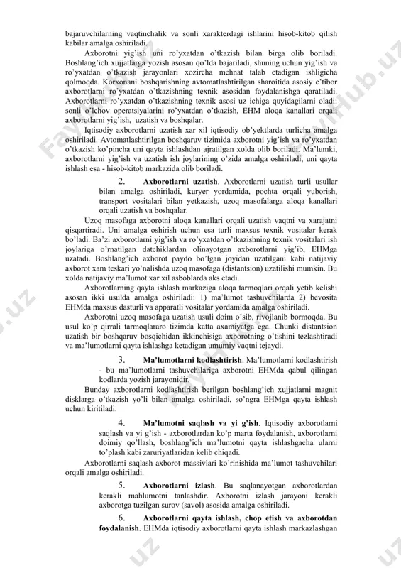 mlarning vazifasidir. kompyuterlar imkoniyatlari takomillashuvi hamda ishlab chiqarish va hayotni turli sohalariga intensiv tarzda kirib borishi mos fan sohasini informatika fani predmetini bir necha bor tubdan yangilanishiga olib kelgan. hozirgi kunda kompyuter va unga mos dasturiy ta’minot bazasi imkoniyatlari bu fanni o’qitishda har bir soha mutaxassislariga muayyan bilim va ko’nikmalar majmuasini belgilash imkonini beradi va taqozo qiladi. 2. jamiyatni axborotlashtirish va il g’or axborot texnologiyasini joriy etish zaruriyati o’zbekistonda yuzaga kelgan vaziyat iqtisodiyotning rivojlanishini intensiv yo’lga o’tkazishni, resurslarning barcha turlaridan oqilona foydalanishni, ishlab chiqarishga tobora takomillashgan mexnat qurollarini joriy etishni juda xam muxim vazifa qilib qo’ymoqda. korxonalarni texnik jixatdan qayta qurollantirish, kam chiqitli va chiqitsiz texnologiyalardan, ilg’or konstruksiyali materiallardan foydalanish dasturlarini amalga oshirish asosidagina mehnat unumdorligini o’stirish, maxsulot sifatini yaxshilash, axolining xarid talabini qondirish, ilm - fan ishlab chiqarish tarmoqlarni, ayniqsa, elektronika, asbobsozlik, hisoblash texnikasi, aloqa vositalari ishlab chiqarishlarini rivojlantirish vazifasi kelib chiqadi. bularning xammasi axborotlashtirishning ulkan imkoniyatlaridan samarali foydalanishni, …
