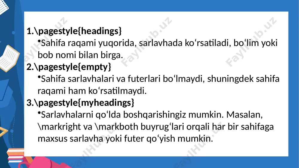 qin bo'lsa, u hujjatning konteksti va sinfiga ko'ra, "keyingi sahifada" yoki "keyingi betda" kabi aniqroq jumlalarni avtomatik ravishda ishlatishi mumkin. bu buyruq juda ehtiyotkorlik bilan ishlatilishi kerak. u bir nechta so'zlarni chiqaradi, shuning uchun uning chiqishi ikki xil sahifada tugashi mumkin. bunday holda, algoritm chalkashib ketishi va tsiklni keltirib chiqarishi mumkin. masalan, siz 23-sahifada ob'ektni belgilashingiz mumkin va \vref chiqishi 23 va 24-betlar orasida qolishi mumkin. agar u 23-sahifada bo'lsa, u asosiy ref sifatida chop etiladi, 24-sahifada bo'lsa, "oldingi sahifada" bo'lardi kabi chop etiladi, lekin bu ikkala sahifada ham bor va bu tuzatilishi juda qiyin bo'lgan kompilyatsiya vaqtidagi xatolarga olib kelishi mumkin. \autoref hyperref paketi yana bir foydali buyruqni taqdim etadi; \autoref{}. ushbu buyruq maqsadli ob'ekt turiga mos keladigan qo'shimcha matnli havola yaratadi, ularning barchasi giperhavola bo'ladi. masalan, \autoref{sec:intro} buyrug'i qayerda bo'lmasin, \label{sec:intro} buyrug'iga giperhavola hosil qiladi. agar bu yorliq biror bo‘limga ishora qilsa, giperhavolada “3.4-bo‘lim” yoki shunga o‘xshash matn …