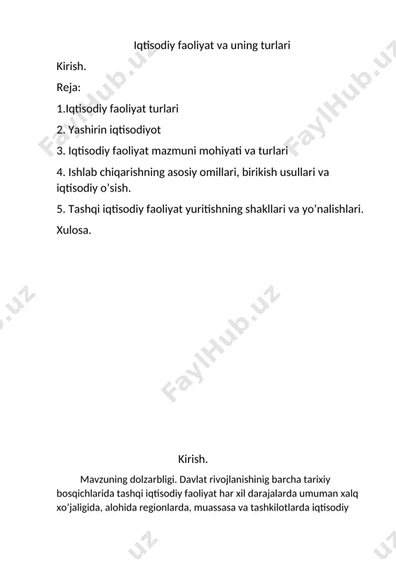 yanamiz va tayanamiz» deya ta’kidlaydi. bu ishonch pedagoglarning kasbiy tayyorgarligi va pedagogik mahoratini shakllantirishga innovasion asosda yondoshish zaruratini shakllantiradi. ma’lumki, pedagogik faoliyat – ta’lim maqsadlarini amalga oshirishga qaratilgan holda maxsus tashkil etiluvchi va o’qituvchi hamda ta’lim oluvchilarning o’zaro munosabatlariga asoslanuvchi ijtimoiy faoliyat turidir. pedagogik faoliyat samaradorligining shartlaridan biri “kasbiy tayyorgarlik” tushunchasini quyidagicha ta’riflash mumkin bo’ladi: kasbiy tayyorgarlik - maxsus nazariy bilim, amaliy ko’nikma va malakalar,metodik bilimlar, shuningdek, ma’naviy-axloqiy sifatlarni o’zlashtirish asosida shaxsning kasbiy faoliyatni olib borishga nisbatan fiziologik, psixologik va jismoniy tayyorgarlik darajasi. kasbiy tayyorgarlikni shakllantirish - dts talablari asosida shaxsdamaxsus nazariy bilim, amaliy ko’nikma va malakalar, shuningdek, ma’naviy-axloqiy sifatlarni shakllantirish, bo’lajak mutaxassisni kasbiy faoliyatni muvaffaqiyatli olib borishga nisbatan fiziologik, psixologik va jismoniy tayyorlash jarayonidir. 1. iqtisodiy faoliyat turlari iqtisodiy faoliyat bir necha turda amalga oshirilishi mumkin. bu faoliyat turlari o'zaro aloqalar, resurslar va maqsadlari bo'yicha o'zgarishi mumkin. quyidagi iqtisodiy faoliyat turlaridan ba'zi muhimlari mavjud: 1. sotish- sotish faoliyati, mahsulotlarni …