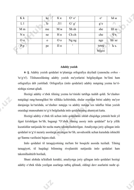 ng qarori bilan tasdiqlanadi va joriy qilinadi. shunga ko‘ra imlo qoidalariga rioya qilish qat'iy tejab-tergaladi. imlo qoidasi nutqda namoyon bo‘ladigan barcha til hodisalari uchun tuzilmaydi. avvalo, so‘zlashuv nutqiga xos hodisalarning ko‘pchiligi nazardan soqit qilinadi. ada-biy nutqqa mansub bo‘lib, talaffuzi bilan yozilishi bir xil hodisalar uchun esa imlo qoidalari hojat emas. adabiy yozishni belgilash har xil talqinga yo‘l qo‘yiladigan, ada-biy talaffuz bilan adabiy yozish orasida biror farq mavjud o‘rinlarda-gina zarur. bunda ayni bir hodisani bir necha xil yozish imkoniyati bo‘ladi, shulardan biri adabiy yozish deb belgilanadi. ana shunday holatda nima adabiy yozish deb belgilansa, unga orfogramma deyiladi. orfogrammalarning ko‘pchiligi nutq tovushlarini, nutqda sodir bo‘ladigan turli-tuman tovush o‘zgarishlarini yozuvda aks ettirish yoki aks ettirmaslik munosabati bilan yuzaga keladi. imlo qoidalari ma'lum me'yorlarga asoslanadi. agar talaffuz qilinayotgan tovushni ko‘rsatuvchi harf yozilsa (to‘g‘ridan to‘g‘ri "tovush ( harf" munosabati yuz bersa, "eshitganingni yoz" shiori bilan ish tutilsa), fonetik me'yorga amal qilingan bo‘ladi: keldir- emas, keltir- …