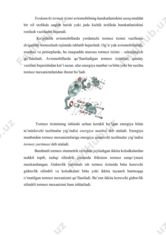 mexanizmlari o’rnatilgan bo’lib, diagonal sxemali ikki konturli tizimdan iborat. tormoz yuritmasida ikki bo’limli tormoz silindri ishlatilgan, unga qo’shimcha tormoz suyuqligining sathini ko’rsatuvchi datchik va tormoz kuchlari rostlagichining proportsionallik klapanlari kiritilgan. diskli tormoz mexanizmining ichki kolodkasini diskka suyuqlik bosimi ostidagi porshen, tashqisini esa silindrda o’rnatilgan harakatchan skoba yo’naltiriluvchi barmoq bo’ylab harakatlanib siqadi. bu esa avtomobilning ekspluatatsiyasi davrida disk va kolodka orasidagi tirqishning avtomatik ravishda stabil, o’zgarmasdan saqlanishini ta’minlaydi. ketingi kolodka barabanli tormoz mexanizmi faol va faol emas tormoz kolodkalaridan iborat bo’lib, uning shu tipdagi mexanizmlardan farqi yo’q. orqa g’ildiraklardagi tormoz kuchini rostlagich, asosiy silindrda bosim ma’lum darajaga o’sgandan so’ng, uning yuritmasidagi bosimning usishini cheklaydi va muxosara bo’lishdan saqlaydi. antiblokirovkolovchitizimning vazifasi sxemasi va ishlash printsipi. zamonaviy abs tizimlari tormoz boshqarmasida qo’shimcha elektron tizimlarining paydo bo’lishiga asos soldi.ushbu tizimlar ebm (electronic brake management)- tormozlanishning elektron boshqaruvi yoki dbc (dyna-mic brake control)tormozlanishning dinamik nazorati deb ataladi. abs tizimlari avtomobilning hech bo’lmaganda bitta g’ildiragi blokirovkalan-ganda …