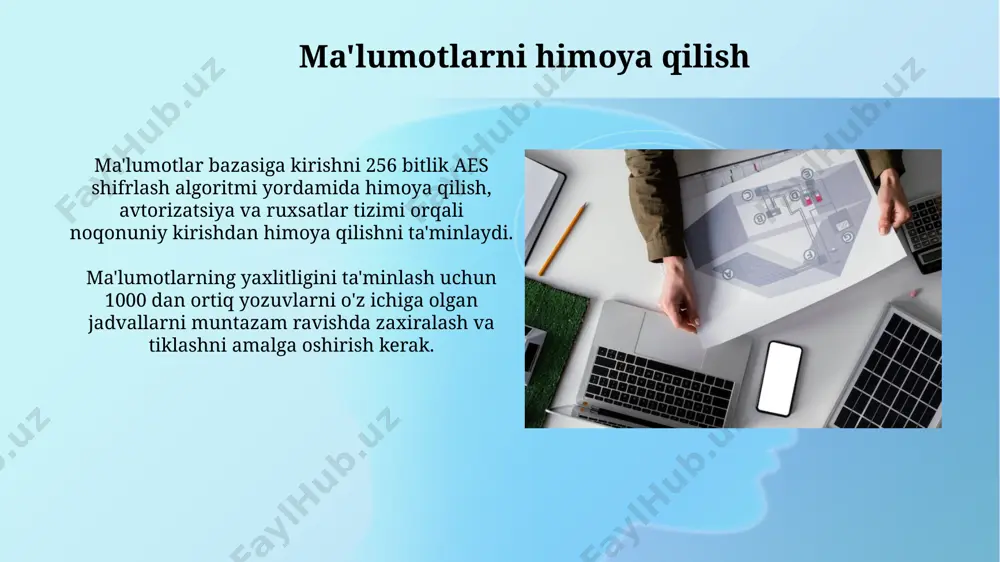 shi kerak. normalizatsiya tushunchasi normalizatsiya jarayoni ma'lumotlarni mantiqiy ravishda guruhlash orqali 1 dan 3 gacha bo'lgan normal shakllarga keltirish va keyinchalik ma'lumotlar bazasida qo'shimcha va o'zgartirish amallarini soddalashtirishga olib keladi. normalizatsiyaning 3 normal shakli (3nf) ma'lumotlar bazasidagi funktsional bog'lanishlarni tahlil qilish orqali ortiqcha ma'lumotlarni yo'q qilish va ma'lumotlar bazasining samaradorligini oshirishga yordam beradi. asosiy kalitlar va ularning ahamiyati mbbt accessda,asosiy kalitlarni tanlashda ma'lumotlar turini (masalan, avtoraqam) va uzunligini (masalan, 255 belgidan kam) hisobga olish kerak, chunki bu samaradorlikka ta'sir qiladi. asosiy kalitlar ma'lumotlar bazasidagi redundant ma'lumotlarni oldini olishga yordam beradi va 1:n yoki n:m munosabatlarni belgilashda bog'lovchi kalit sifatida ishlatiladi. so'rovlarni yaratish va ishlatish mbbt accessda 50 tagacha maydonni o'z ichiga olgan murakkab so'rovlar yaratish mumkin, bu esa katta hajmdagi ma'lumotlarni samarali tahlil qilish imkonini beradi. so'rovlarni yaratishda filtrlash, guruhlash va tartiblash kabi funksiyalardan foydalanib, kerakli ma'lumotlarni tezkor va aniq olish mumkin, bu esa vaqtni tejashga yordam beradi. uchinchi normal …