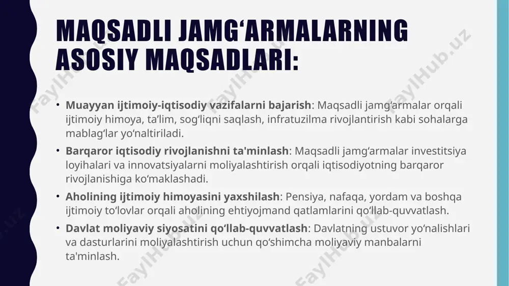 ablag‘laridan oqilona foydalanish uchun quyidagilar amalga oshiriladi: moliyaviy nazorat: jamg‘armalarning mablag‘laridan maqsadga muvofiq foydalanilishini tekshirish va moliyaviy intizomni ta'minlash. moliyaviy hisobotlar tahlili: jamg‘armalarning daromadlari va xarajatlarini muntazam tahlil qilish va hisobotlarni tayyorlash. ichki va tashqi audit: moliyaviy faoliyatni nazorat qilish va mablag‘larning to‘g‘ri sarflanishini ta’minlash uchun ichki va tashqi audit tekshiruvlarini o‘tkazish. /docprops/thumbnail.jpeg