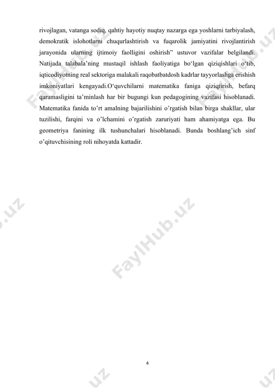ar, ular tuzilishi, farqini va o’lchamini o’rgatish zaruriyati ham ahamiyatga ega. bu geometriya fanining ilk tushunchalari hisoblanadi. bunda boshlang’ich sinf o’qituvchisining roli nihoyatda kattadir. i.bob.boshlang’ich sinflarda geometrik materialni o’qitishning nazariy asoslari. 1.1.geometrik materialni o’qitishning maqsad va vazifalari. geometrik materialni o'qitishning asosiy maqsadi va vazifalari matematika darslarida matematik geometriya bo'yicha talabalar uchun qo'llanma va ko'nikmalar berishdir. bu darslar orqali, talabalar geometrik shakllarni va ulardan kelib chiqadigan muammolarini tushunish, tahlil qilish va hal qilishni o'rganishlari maqsad qilinadi. quyidagi vazifalarga e'tibor beriladi:geometrik material, talabalarga geometrik shakllarni tushunish va aniqlashni o'rganish imkonini beradi. ular qo'llanmada to'g'ri burchaklar, to'g'ri to'rtburchaklar, uchburchaklar, doiralar, kvadratlar, paralelogramlar va boshqalar kabi shakllarni o'rganishadi.geometrik material, talabalarga berilgan muammoni tahlil qilish va uning yechimini topishni o'rganishga yordam beradi. masalan, talabalar tomonlari bilan berilgan to'rtburchakning yuzini hisoblash, to'g'ri burchaklar orasidagi munosabatlarni topish, to'g'ri to'rtburchakning perimetri va yuzini hisoblash kabi muammolarni tahlil qilishni o'rganishadi.geometrik material, talabalarga muammolarni hal qilishning har xil usullarini o'rganishda …