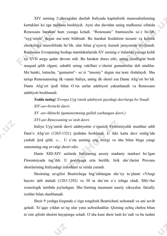 oladi. she`rlar xronologik tartibda joylashgan. she`rlarning mazmuni nasriy xikoyalar, falsafiy izohlar bilan sharhlanadi. shoir 9 yoshga kirganda o`ziga tengdosh beatricheni uchratadi va uni sevib qoladi. to`qqiz yildan so`ng ular yana uchrashadilar. qizning ochiq chehra bilan ta`zim qilishi shoirni hayajonga soladi. o`sha kuni shoir tush ko`radi va bu tushni birinchi sonetida tasvirlaydi. beatriche obrazi shoirni doimo ilhomlantiradi. «yangi xayot» g’arbiy evropa adabiyotidagi birinchi avtobiografik qissa hisoblanadi. bunda dante sevgan qalbning nozik ruhiy kechilmalarini ustalik bilan tahlil qila olgan. dante beatriche vafotidan so`ng ilmiy-falsafiy masalalar bilan shug’ullanadi. 1307-1308 yillari o`zining mashhur «ziyorat» traktatini yaratadi. 1305 yil roman tilshunosligi bo`yicha dastlabki tadqiqot - «xalq nutqi haqida» degan risolani yozadi. «iloxiy komediya» – danteni dunyoga mashxur qilgan asari. u o`z asarini «komediya» deb atagan. o`rta asrlarda qayg’u, g’am bilan boshlanuvchi va yaxshilik, xursandchilik bilan yakunlovchi har qanday asarni «komediya» deb atashgan. asar o`rta asr diniy-cherkov adabiyoti ta`siridan ham xoli emas, (allegoriya) simvolika. asarda uchraydigan …