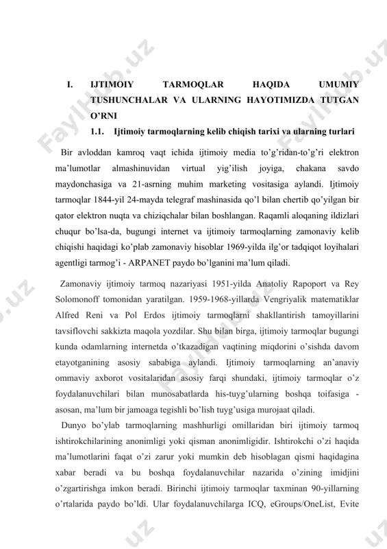 ar keyinchalik foydalanuvchilarning muloqoti va o’zaro ta’siri uchun onlayn xizmatlar ishlab chiqilishiga asos bo’ldi. profil - bu ro’yxatdan o’tgandan keyin onlayn hayot boshlanadigan joy. profilda odatda ishtirokchining jinsi, yoshi, oilaviy ahvoli, ma’lumoti, ish joylari va qiziqishlari haqidagi ma’lumotlar mavjud. axborot texnologiyalari nuqtai nazaridan profil - bu aktyorlar bazasidagi yozuv. boshqa ishtirokchilar o’z profiliga qarab foydalanuvchi hisobini topishlari mumkin bo’ladi. ijtimoiy tarmoqlarning o’ziga xos xususiyatlaridan biri bu "do’stlar" va "guruhlar" tizimidir ijtimoiy tarmoqlar paydo bo’lishining rasmiy sanasi. ijtimoiy tarmoqlar internet bo’ylab g’alabali yurishini 1995-yilda amerikaning classmates.com portali ("odnoklassniki" uning rossiyadagi muqobili) bilan boshladi. loyiha juda muvaffaqiyatli bo’ldi va bu keyingi bir necha yil ichida o’nlab shunga o’xshash xizmatlarning paydo bo’lishiga sabab bo’ldi. ammo ijtimoiy tarmoq portlashining rasmiy boshlanishi linkedin, myspace va facebook ishga tushirilgan 2003-2004 yillar deb hisoblanadi. ijtimoiy tarmoqlar modasi rossiyaga ikki yil o’tib – 2006-yilda odnoklassniki va vkontakte paydo bo’lishi bilan keldi. ijtimoiy tarmoqlar har bir kishi o’zining virtual …